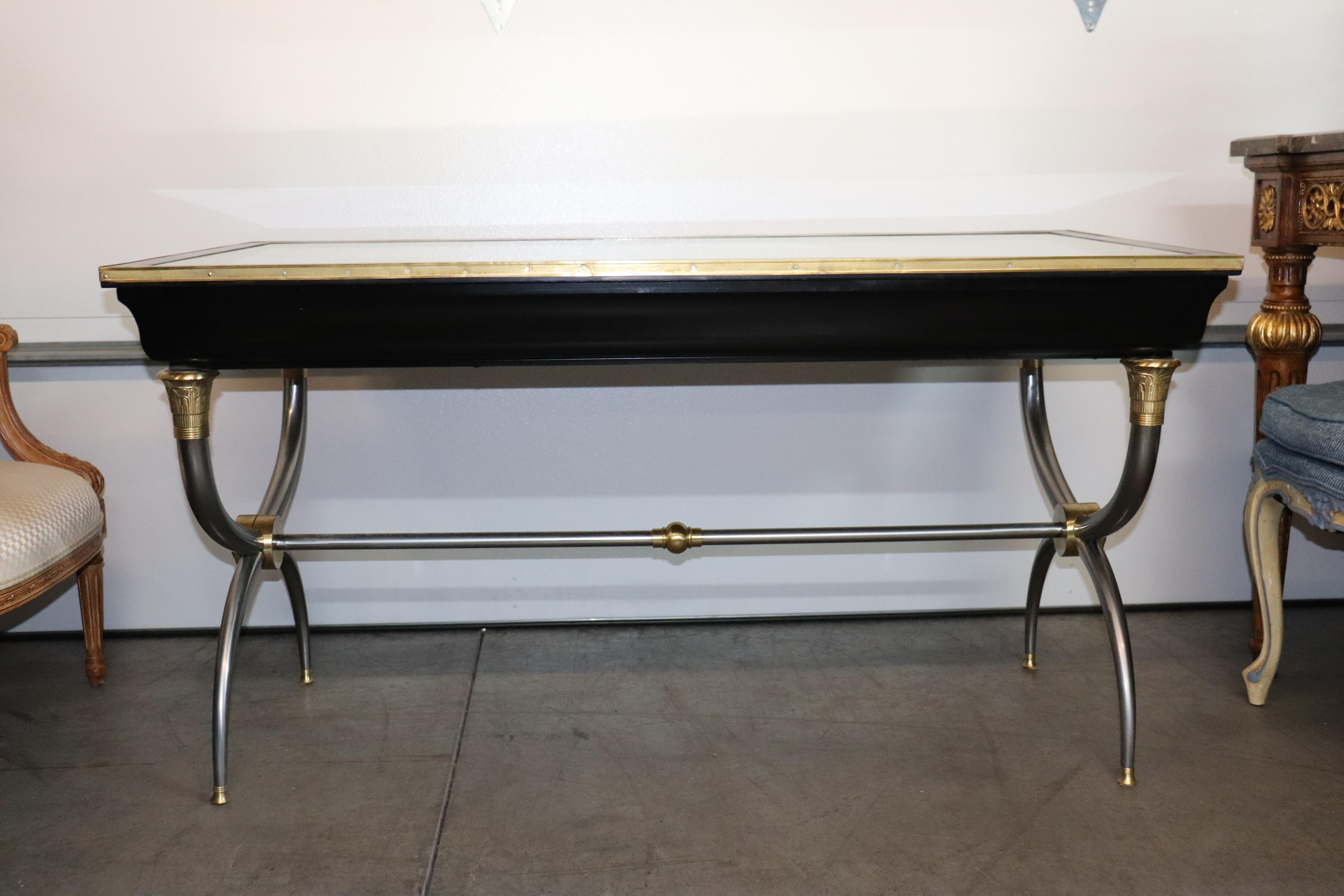 Rare Brass and Steel Aged Mirrored Top John Vesey Style Ebonzed Writing Desk For Sale 2