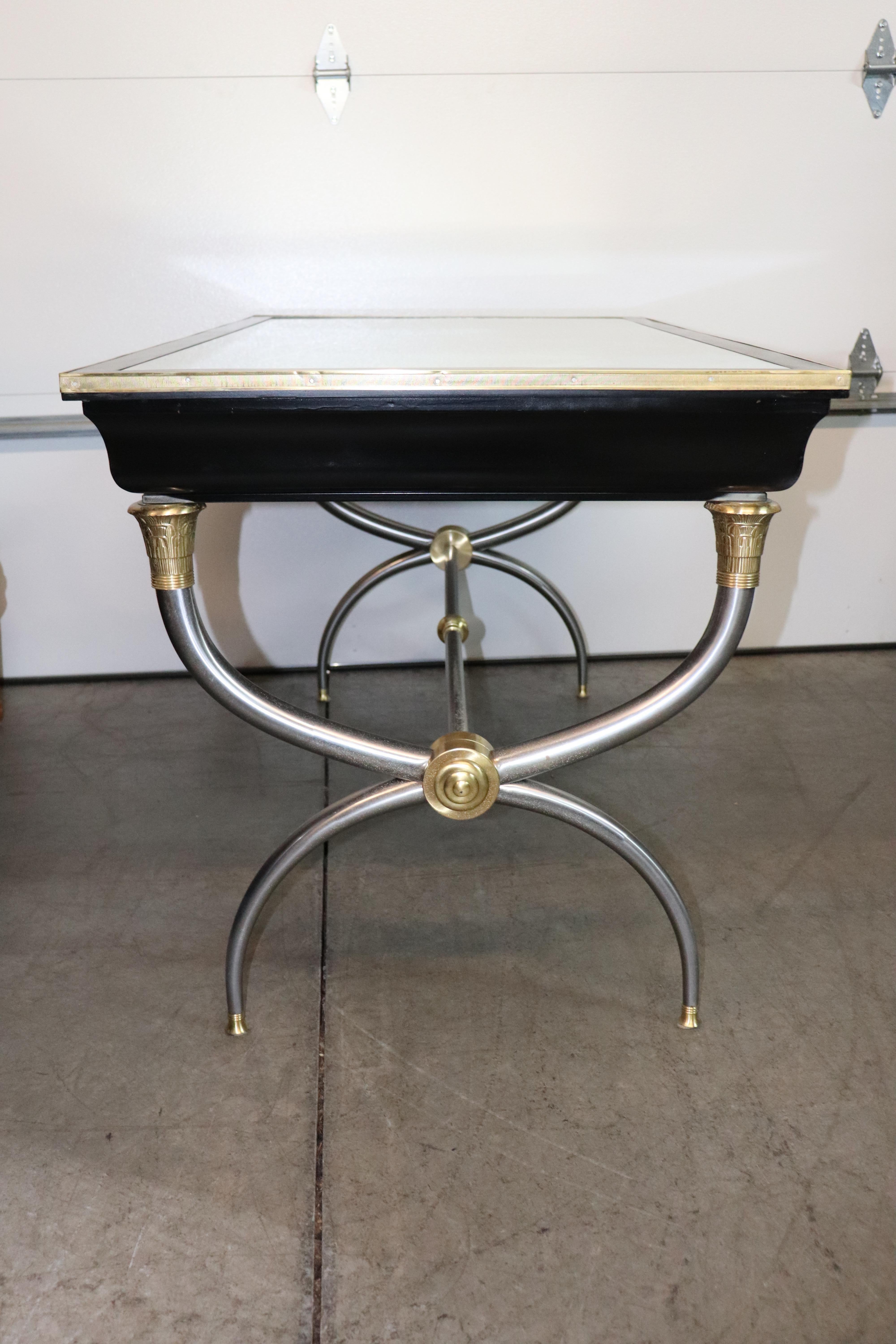 Rare Brass and Steel Aged Mirrored Top John Vesey Style Ebonzed Writing Desk For Sale 3
