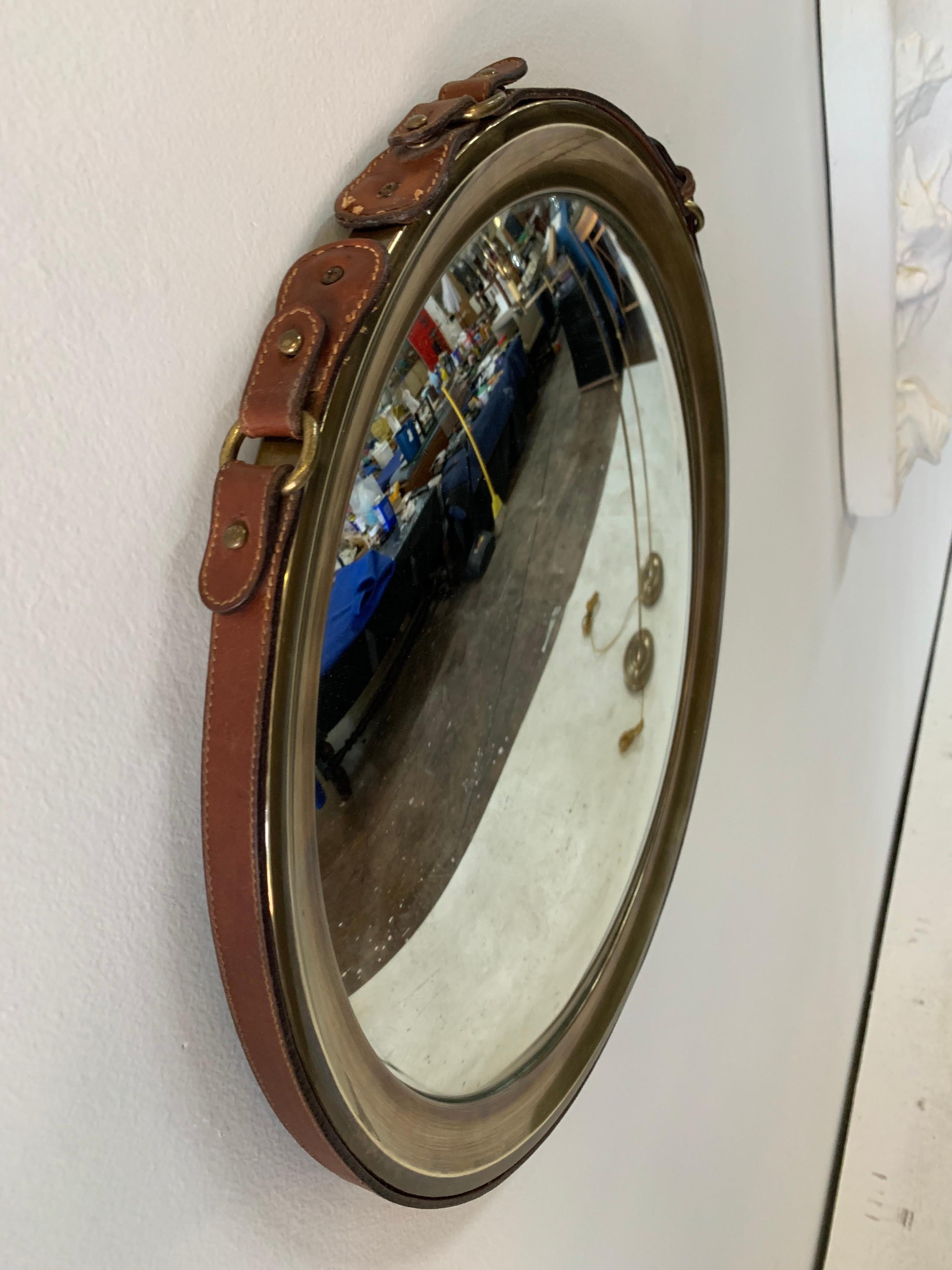 Rare Brass and Stitched Leather Strap Convex Mirror For Sale 5
