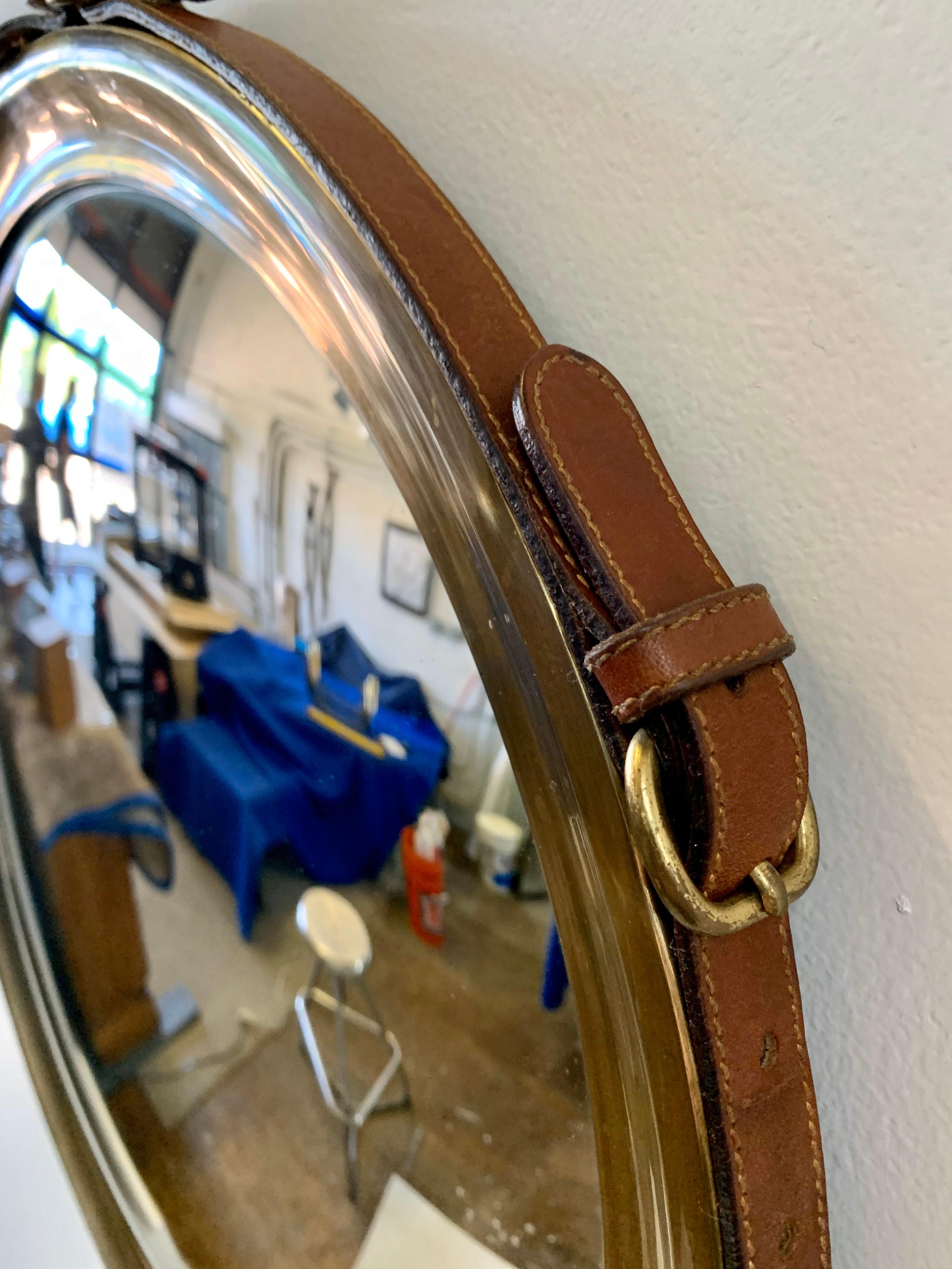 French Rare Brass and Stitched Leather Strap Convex Mirror For Sale
