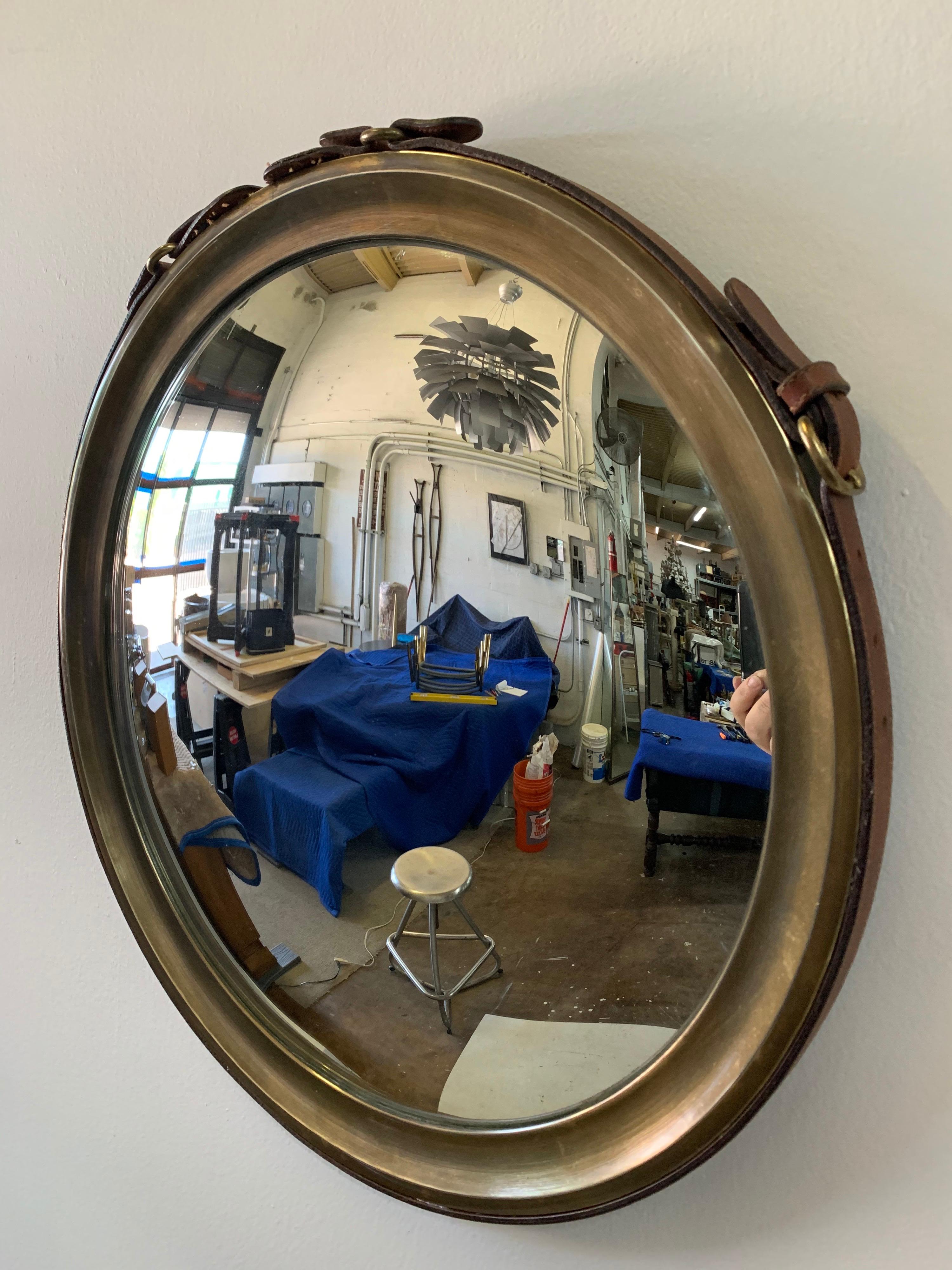 Rare Brass and Stitched Leather Strap Convex Mirror In Good Condition For Sale In East Hampton, NY