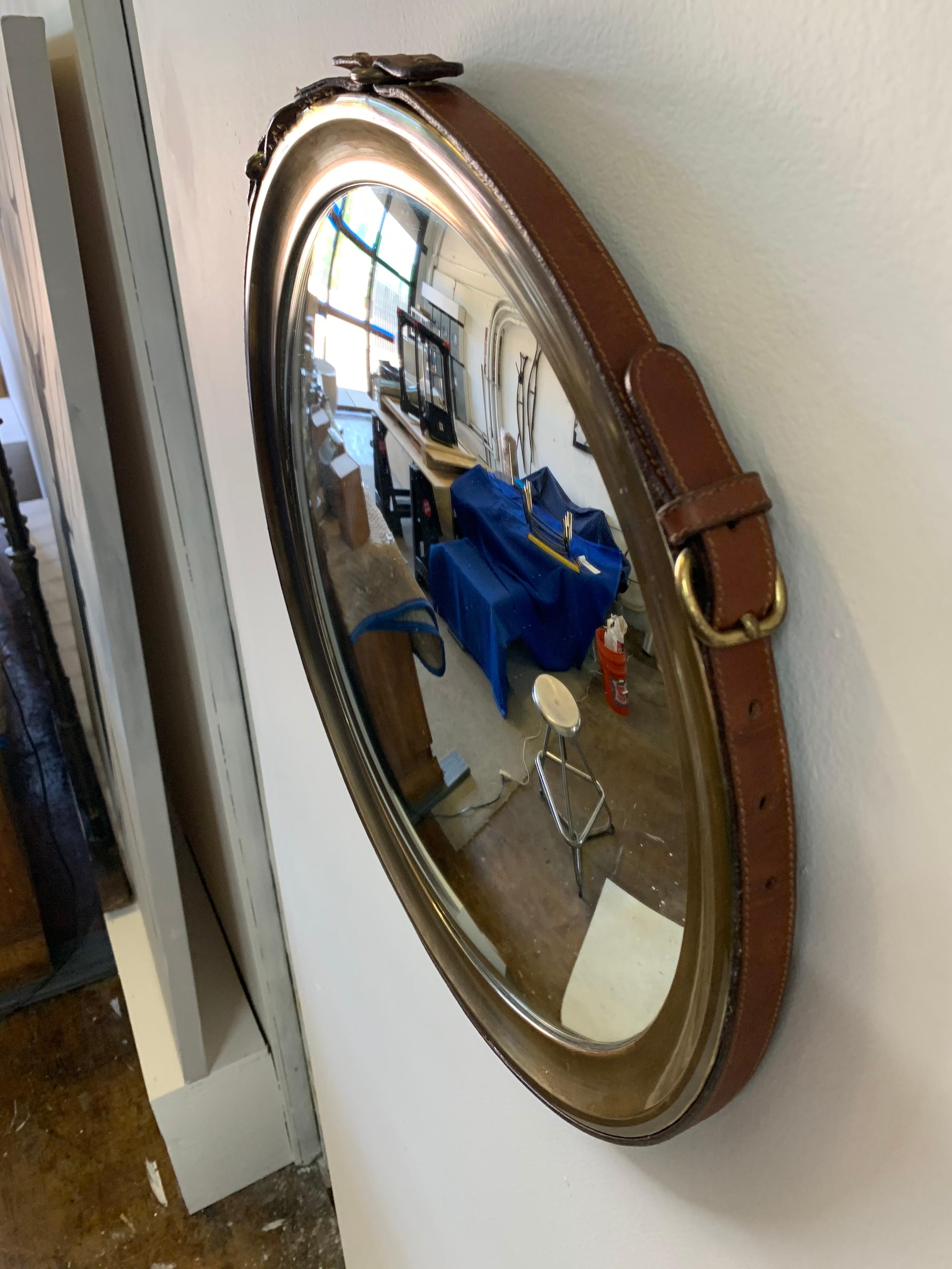 Mid-20th Century Rare Brass and Stitched Leather Strap Convex Mirror For Sale