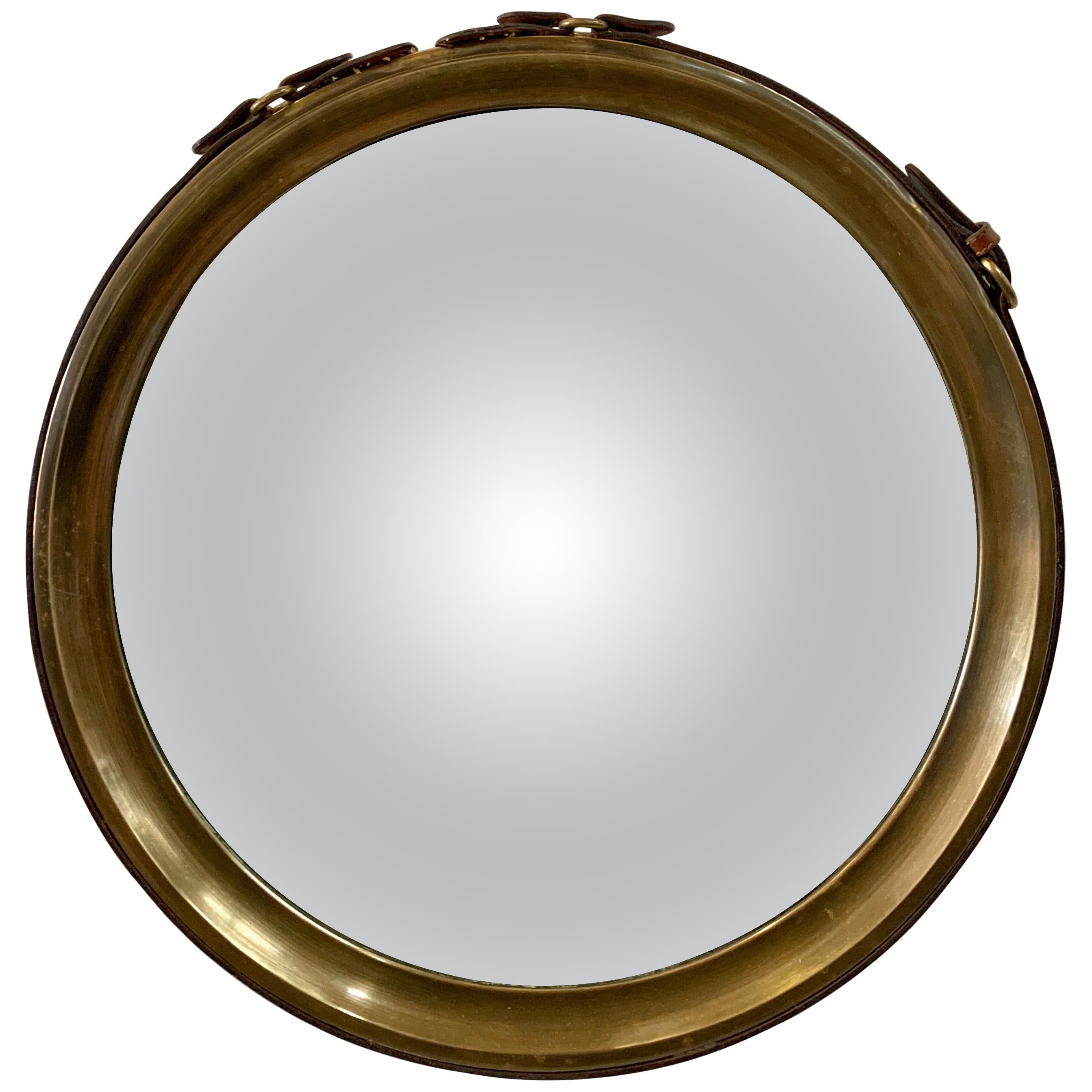 Rare Brass and Stitched Leather Strap Convex Mirror