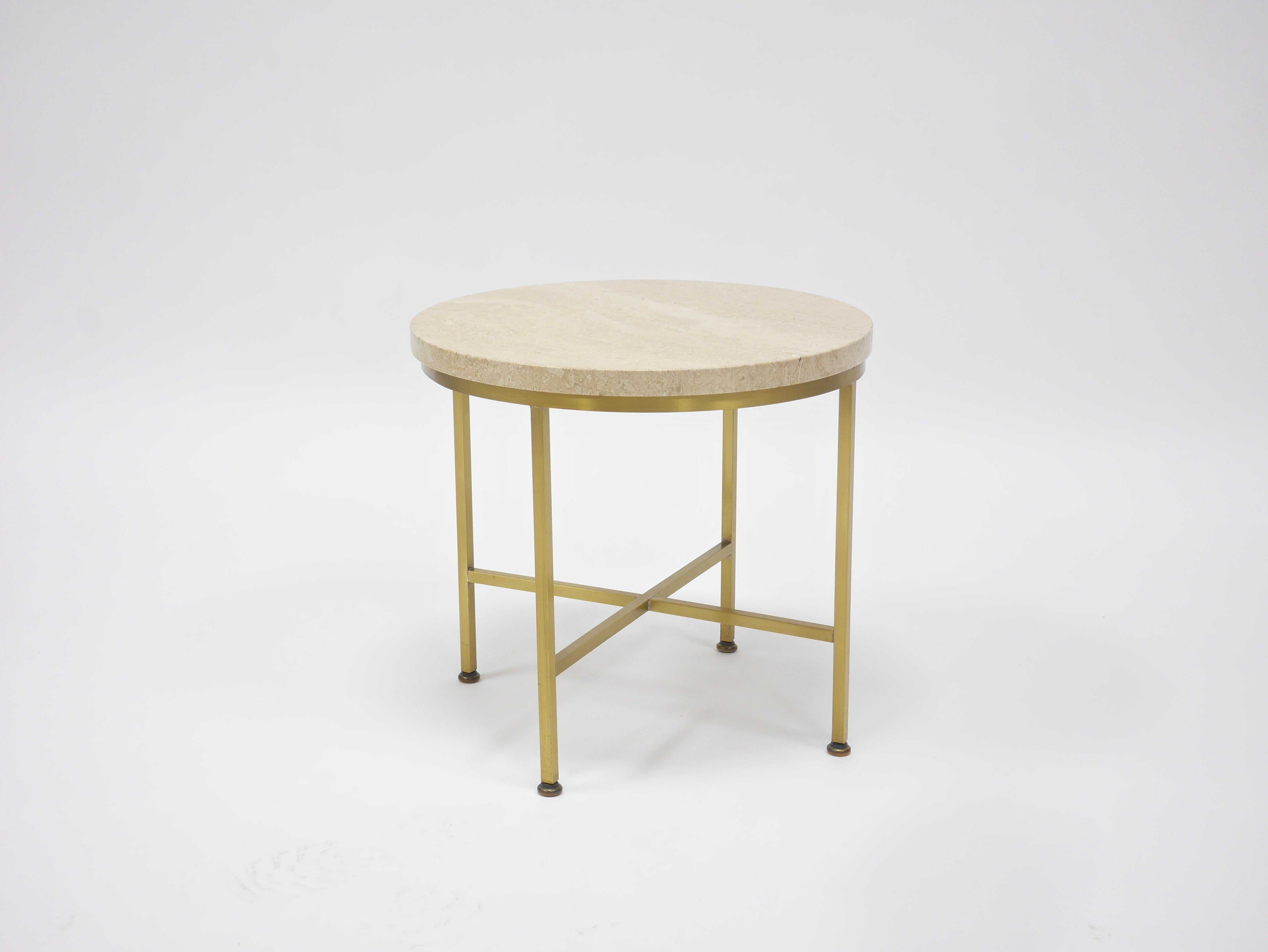 Rare to market, brass and vitrolite cigarette table by Paul McCobb for Directional. Excellent original light patina to brass frame, 3/4