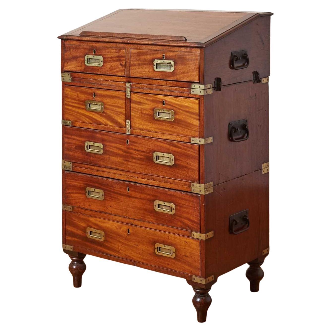 Rare Brass-Bound Mahogany Campaign Secretary / Chest of Drawers