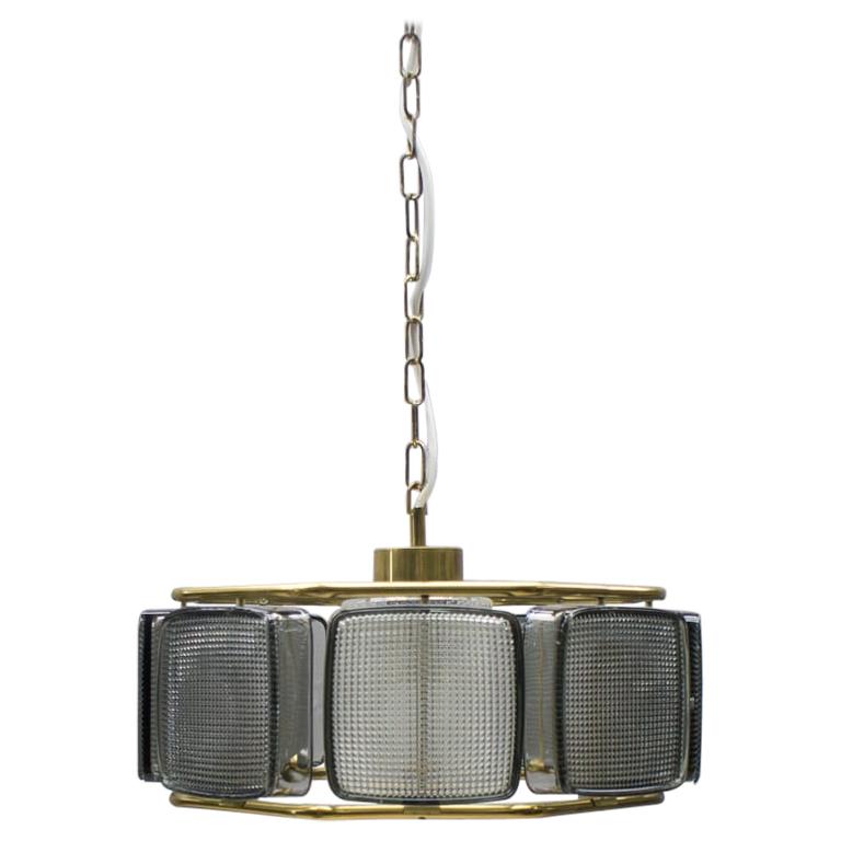 Rare Brass Ceiling Lamp with 8 Smoked Glass Elements, Germany, 1950s