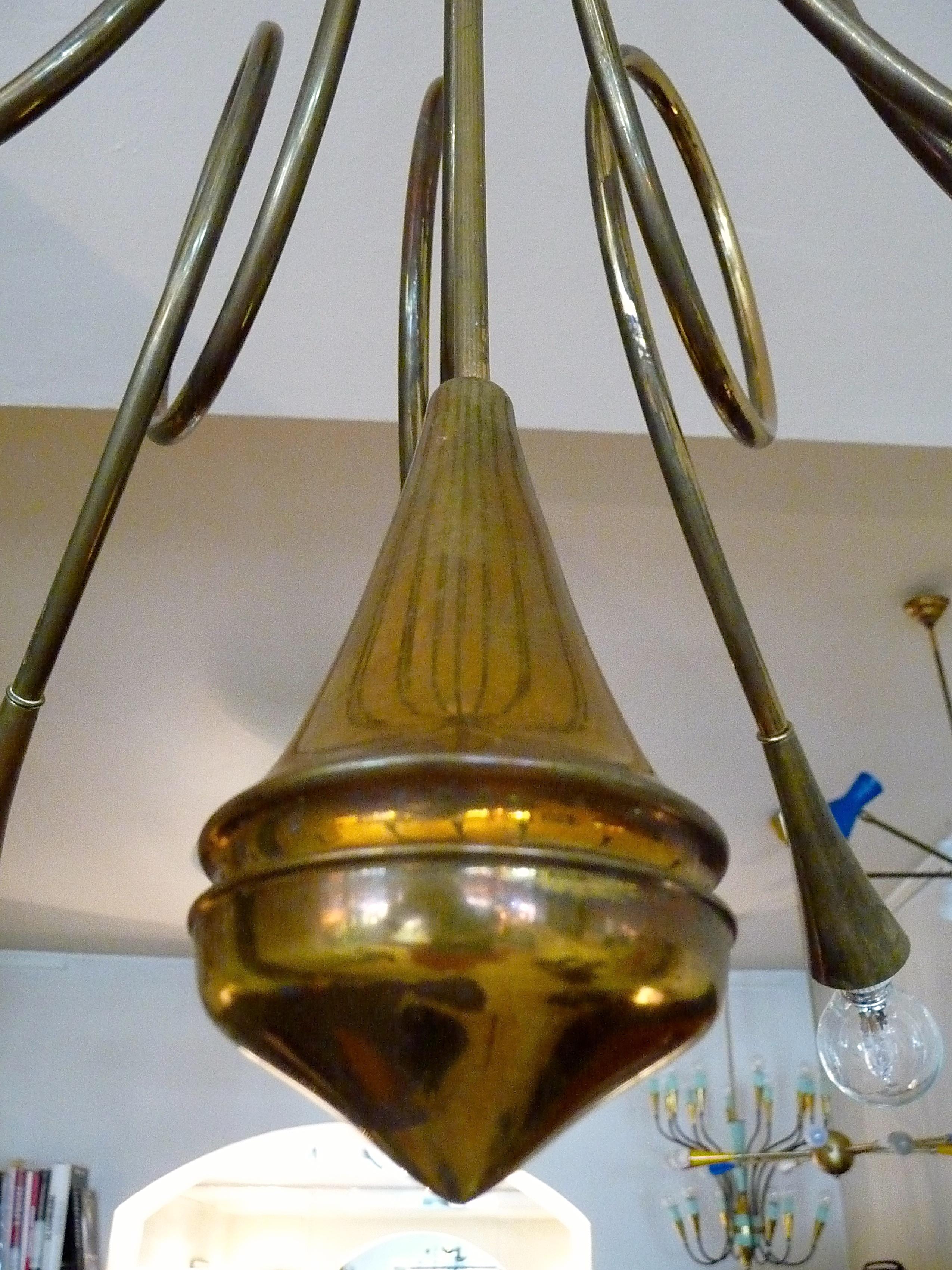 Rare Brass Chandelier, attr. to Angelo Lelli, edited by Lumi Italia, 1950s For Sale 7
