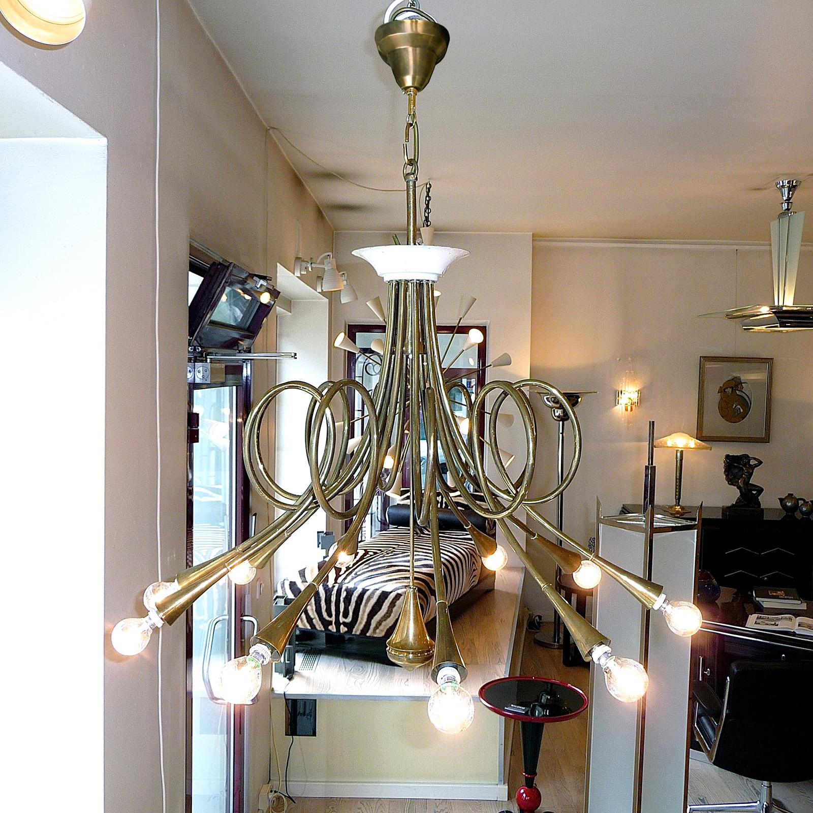 Mid-Century Modern Rare Brass Chandelier, attr. to Angelo Lelli, edited by Lumi Italia, 1950s For Sale