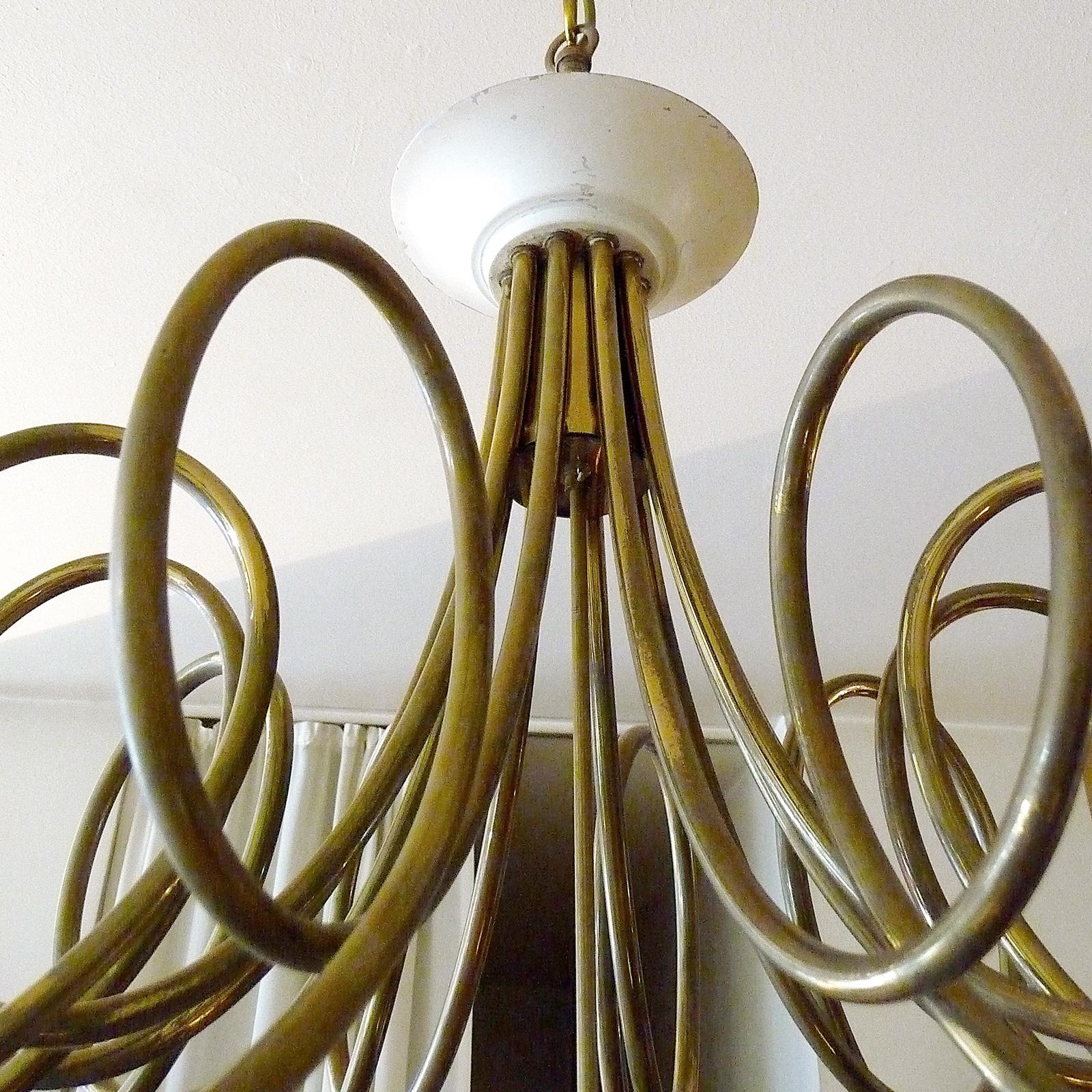 20th Century Rare Brass Chandelier, attr. to Angelo Lelli, edited by Lumi Italia, 1950s For Sale