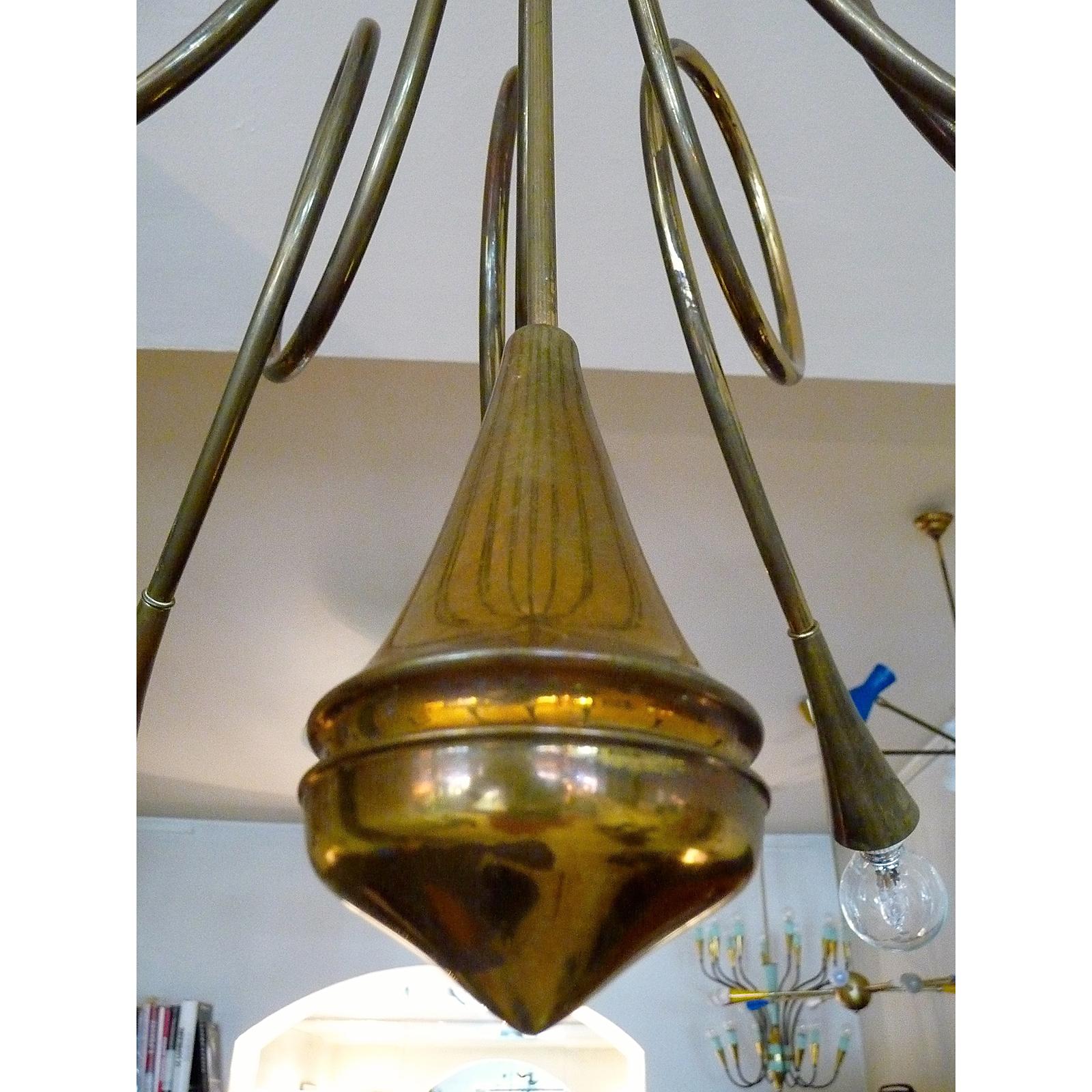 Rare Brass Chandelier, attr. to Angelo Lelli, edited by Lumi Italia, 1950s For Sale 1