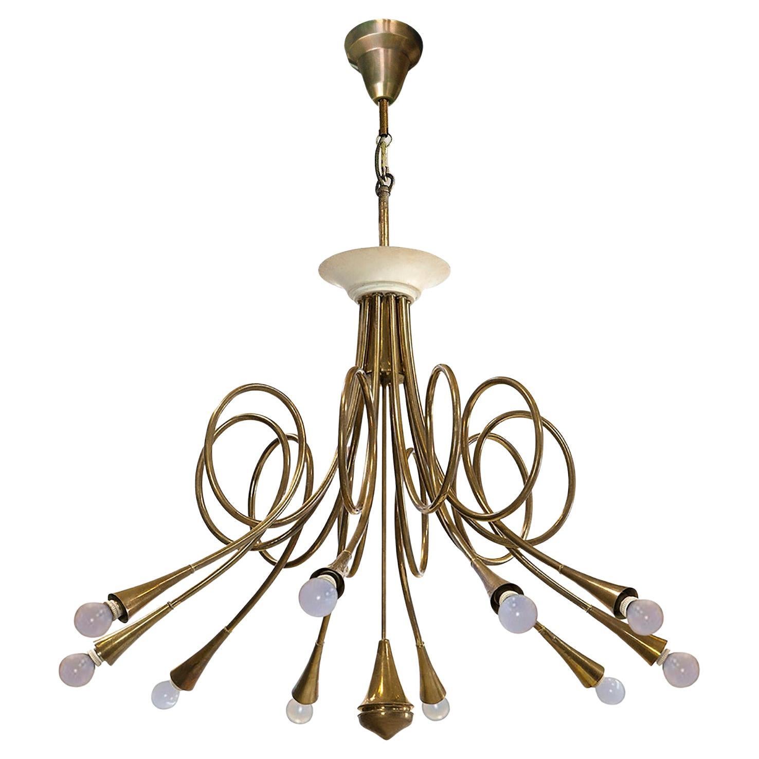 Rare Brass Chandelier, attr. to Angelo Lelli, edited by Lumi Italia, 1950s