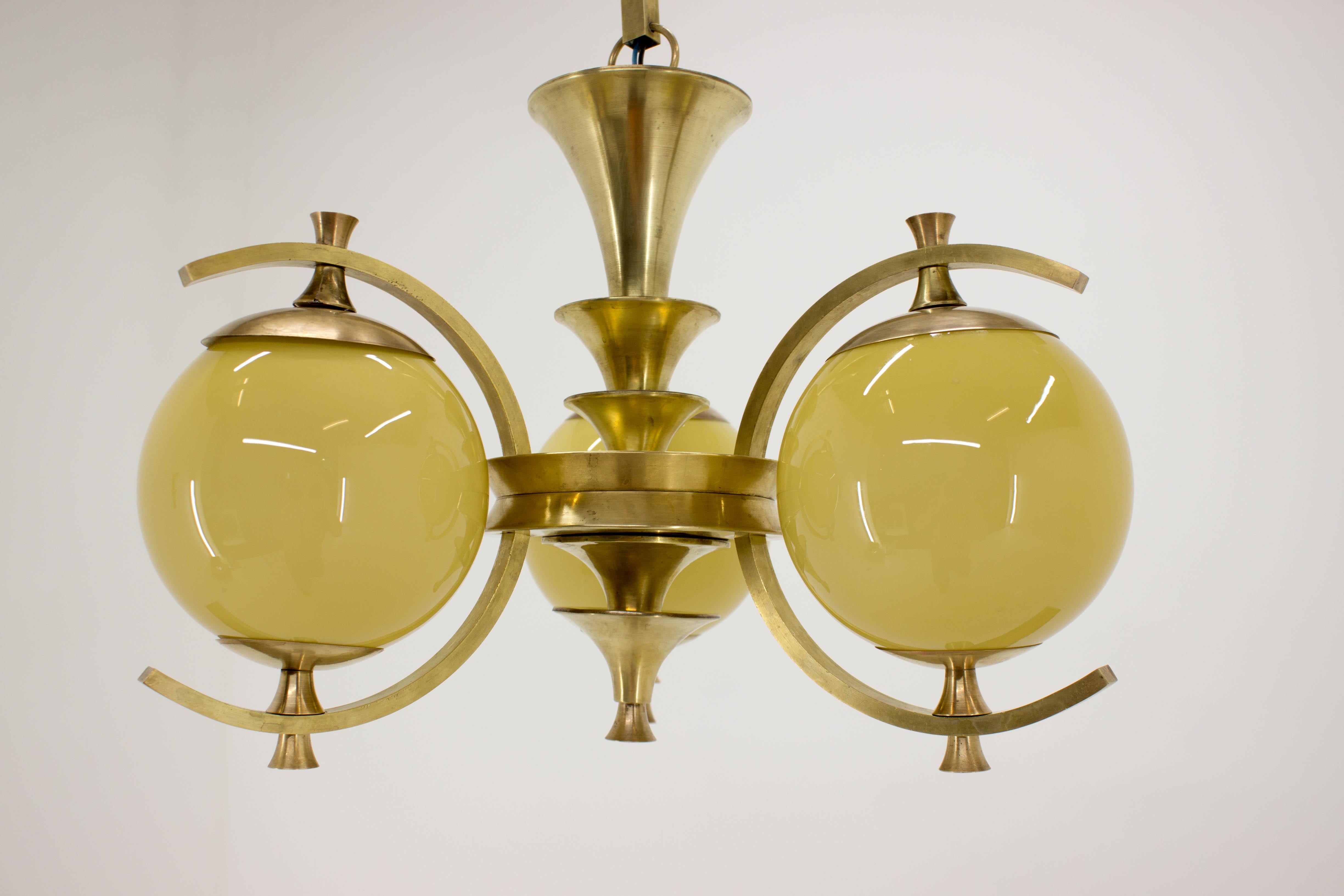 Czech Rare Brass Chandelier in Rondocubistic Style, 1920s