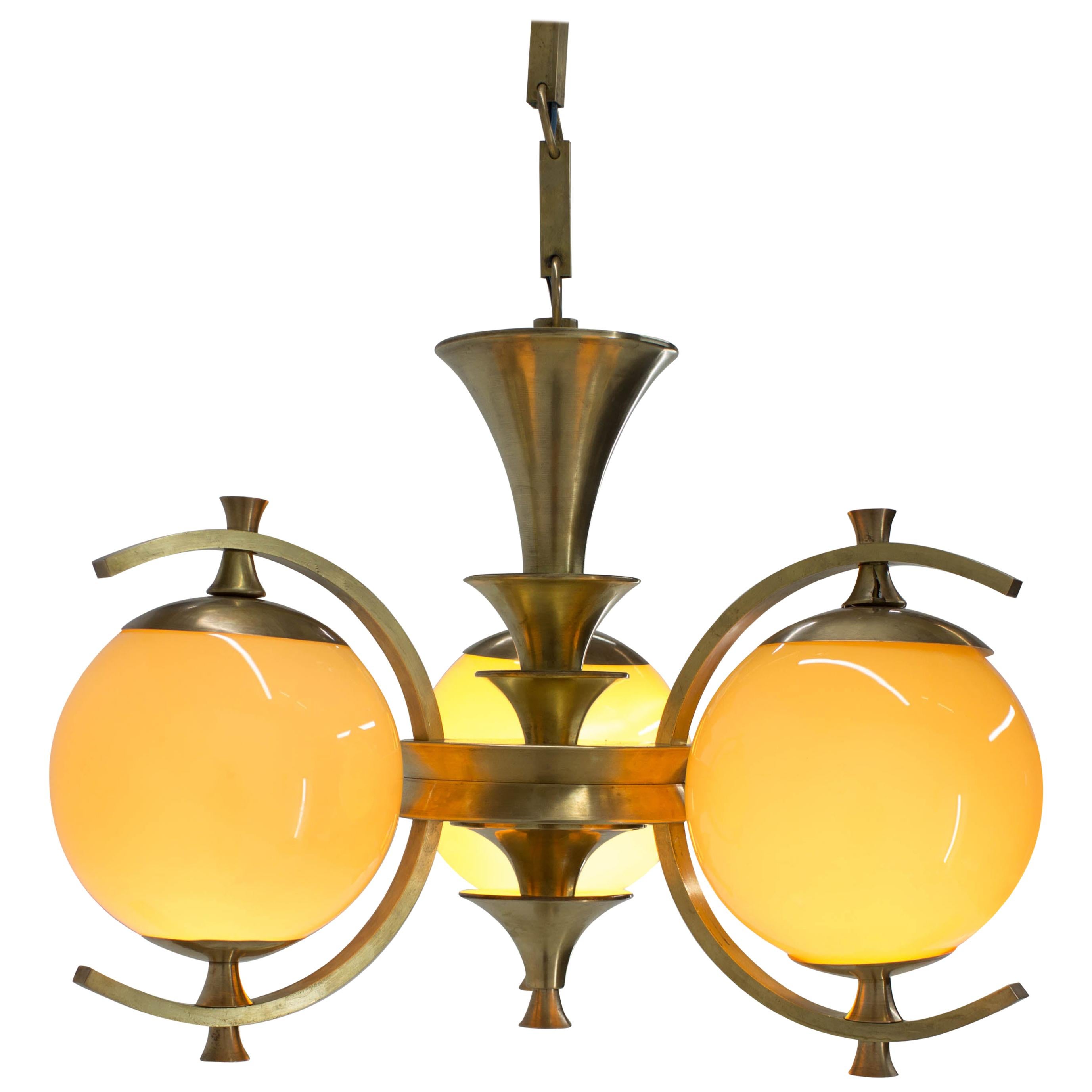 Rare Brass Chandelier in Rondocubistic Style, 1920s