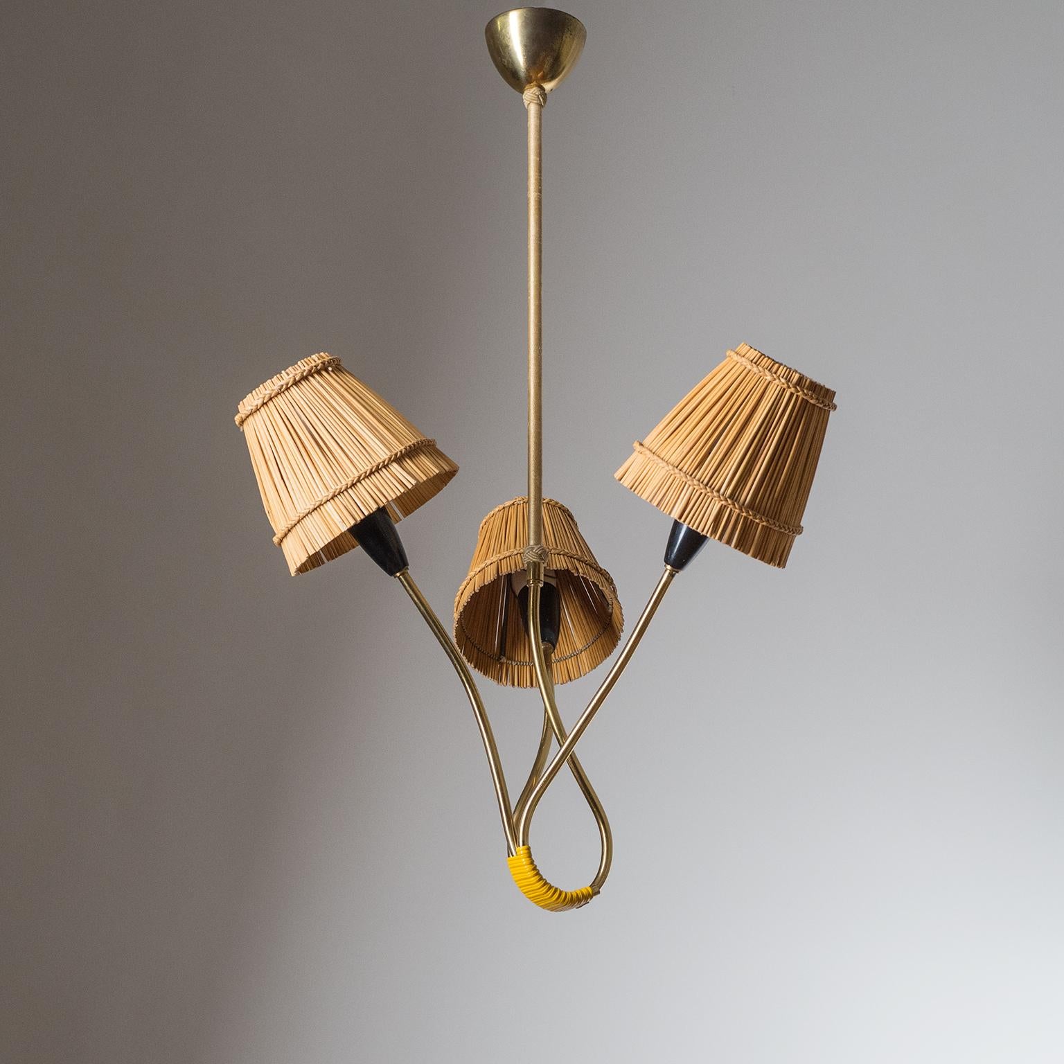 Rare Brass Chandelier with Rattan Shades, 1950s 7