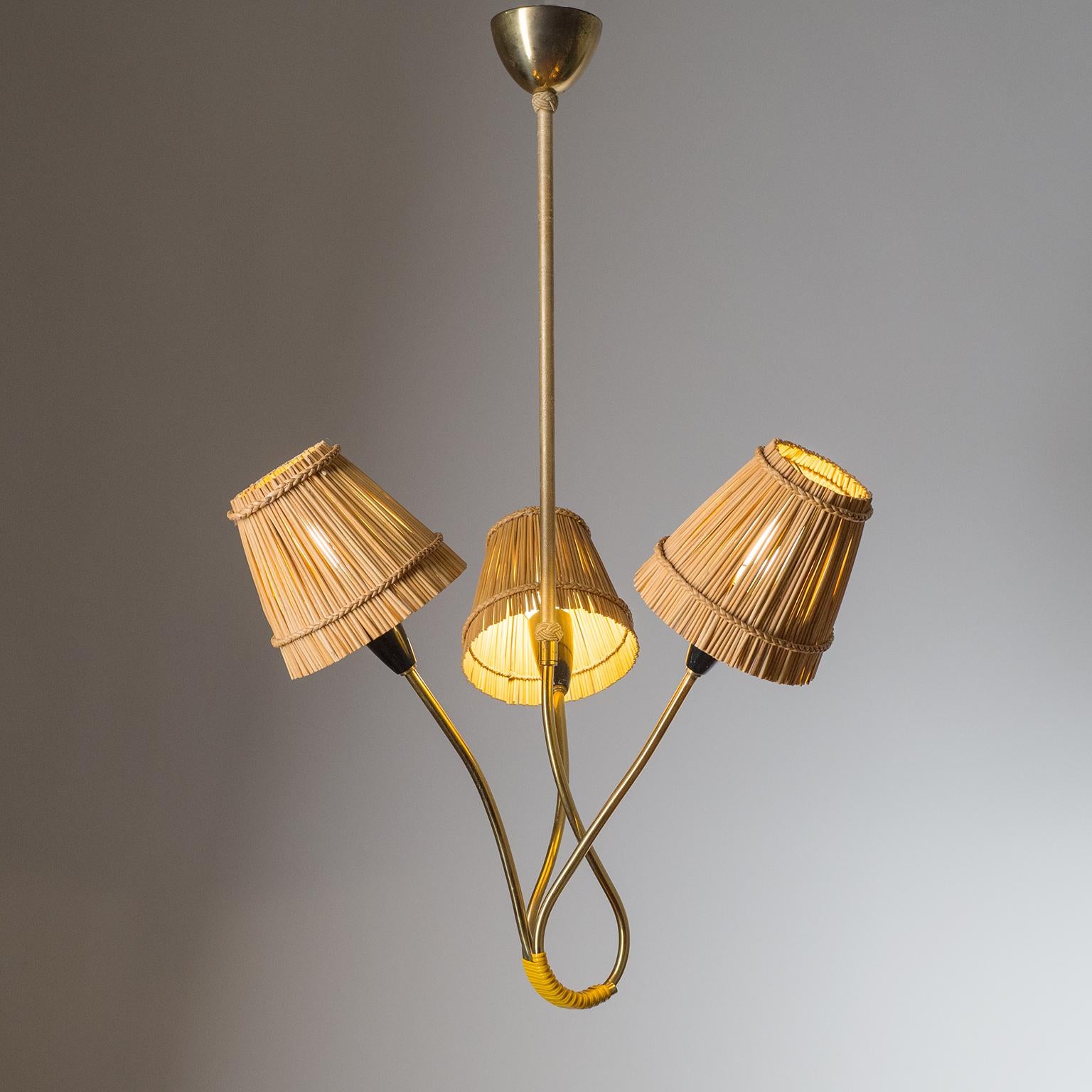 Mid-Century Modern Rare Brass Chandelier with Rattan Shades, 1950s