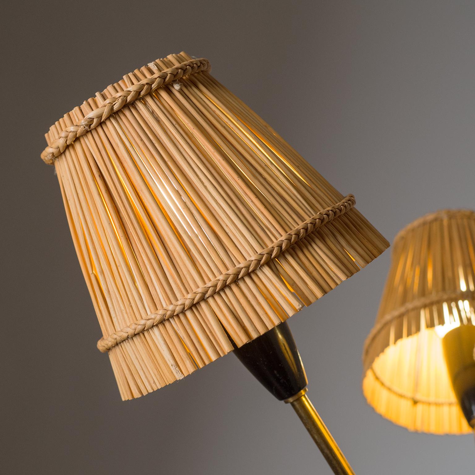 German Rare Brass Chandelier with Rattan Shades, 1950s