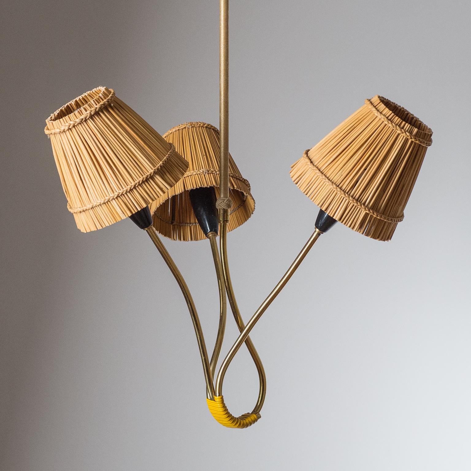 Rare Brass Chandelier with Rattan Shades, 1950s 1