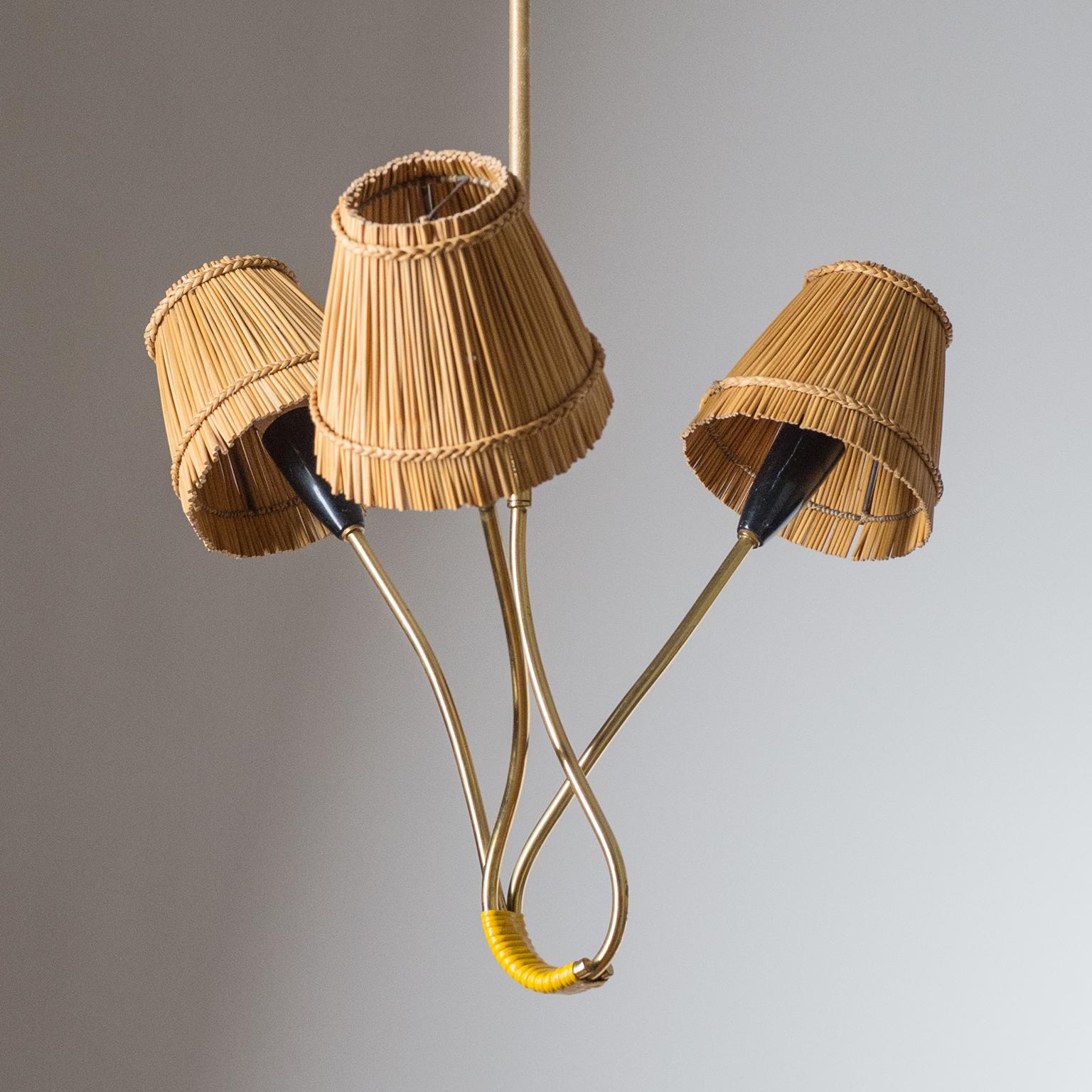 Rare Brass Chandelier with Rattan Shades, 1950s 2