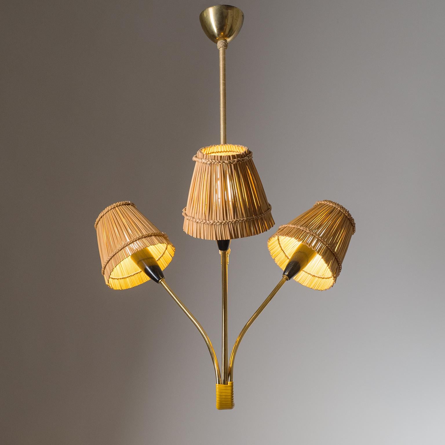 Rare Brass Chandelier with Rattan Shades, 1950s 3