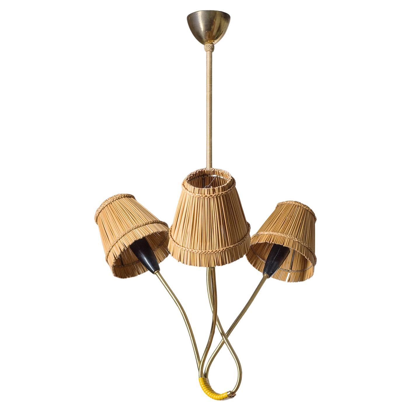 Rare Brass Chandelier with Rattan Shades, 1950s