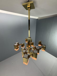 Rare brass edition Sciolari cubic chandelier, 17 lights, 1970`s Italy