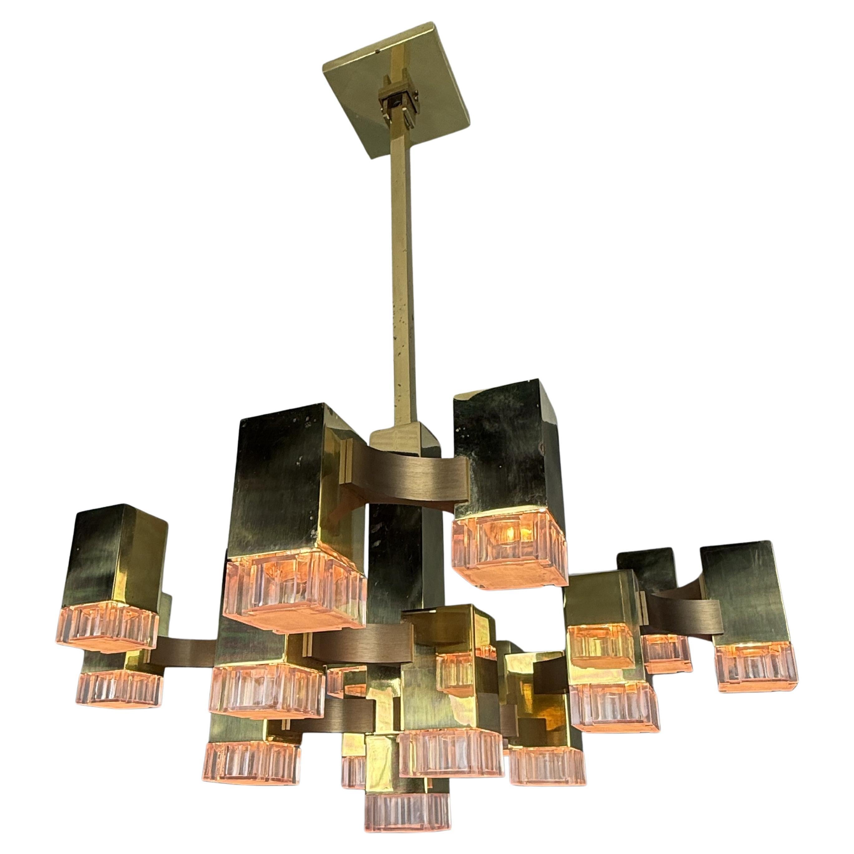 Rare brass edition Sciolari cubic chandelier, 17 lights, 1970`s Italy