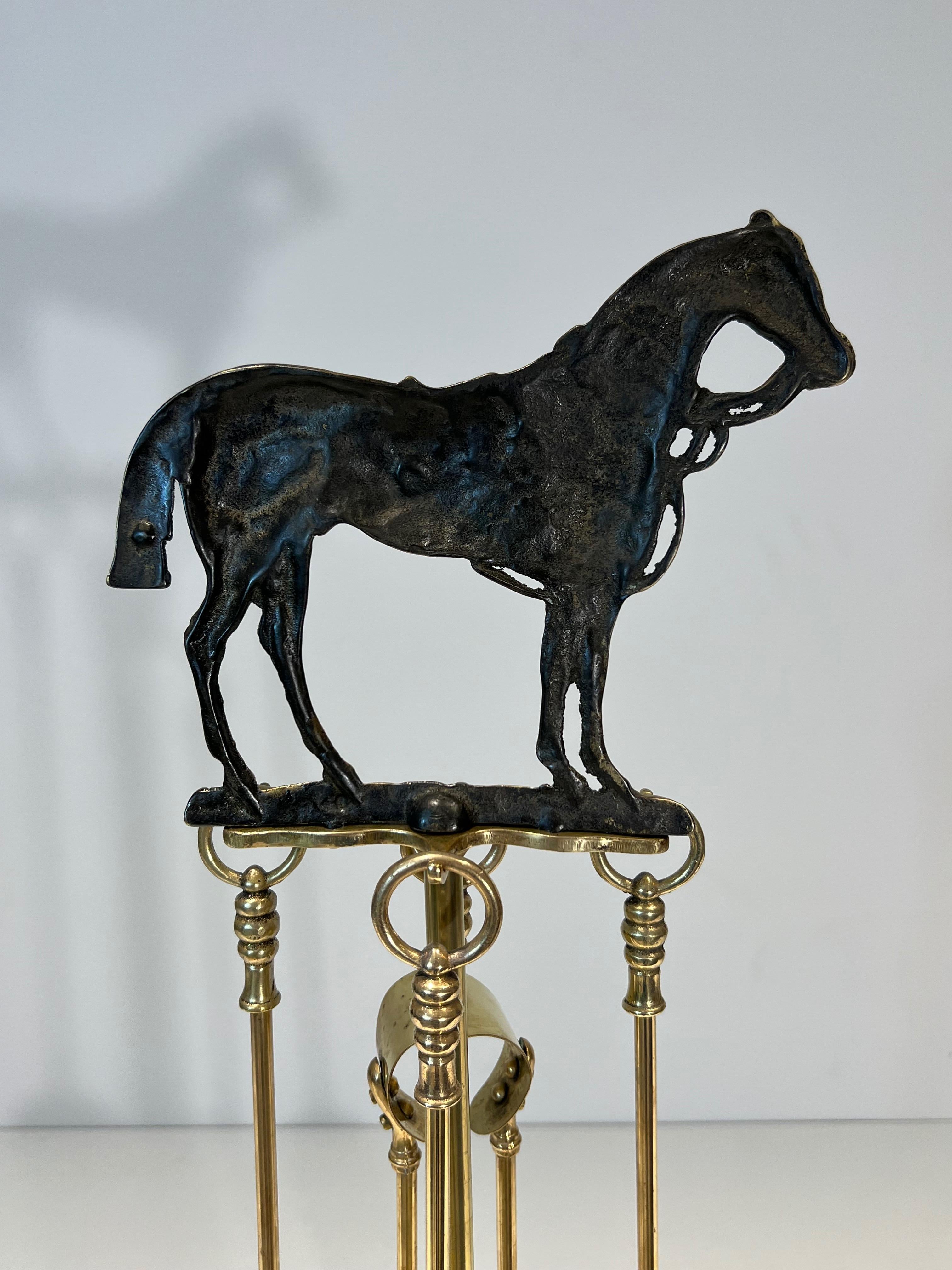 Rare Brass Fireplace Tools Surmounted by a Sculpture representing a Horse For Sale 9