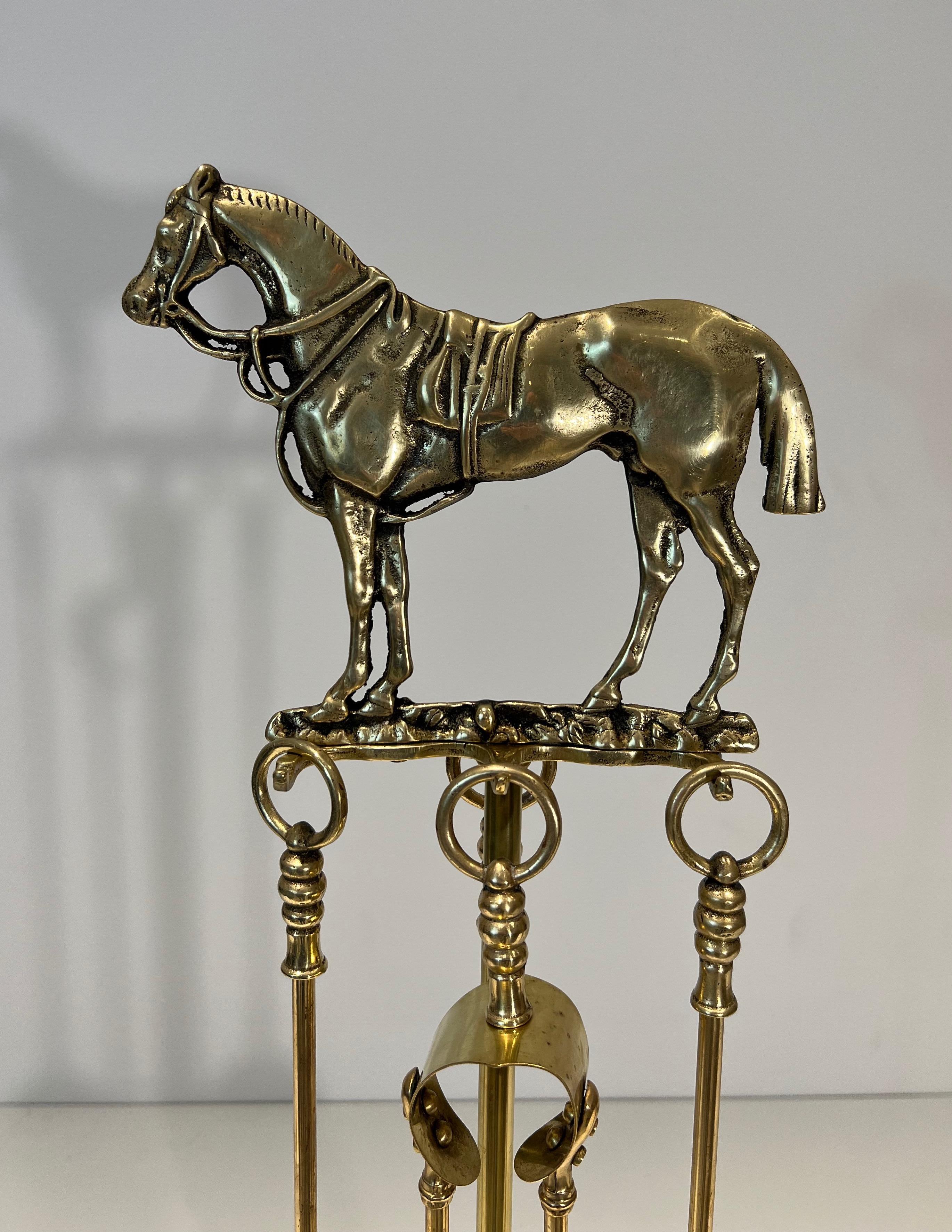 Neoclassical Rare Brass Fireplace Tools Surmounted by a Sculpture representing a Horse For Sale