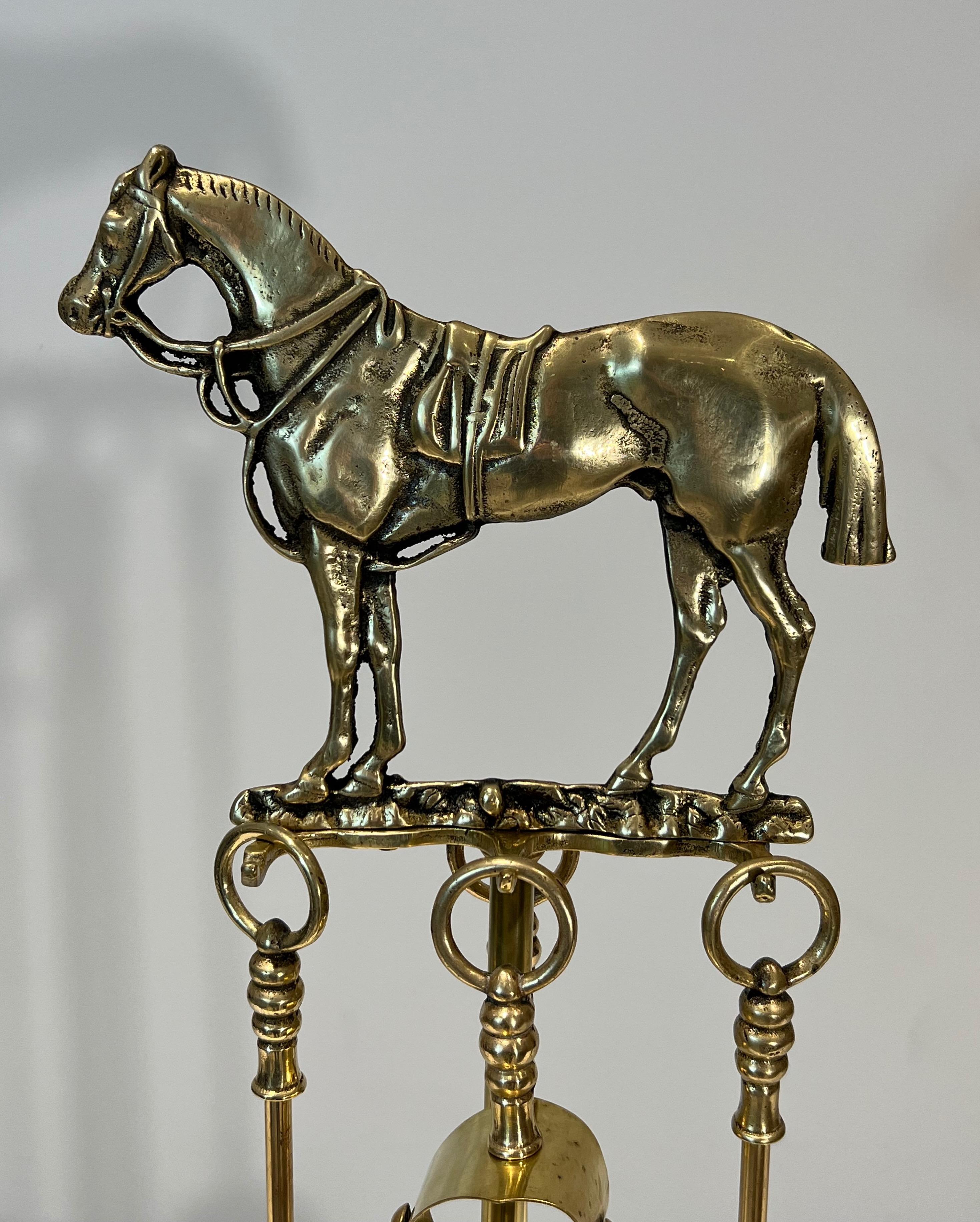 French Rare Brass Fireplace Tools Surmounted by a Sculpture representing a Horse For Sale