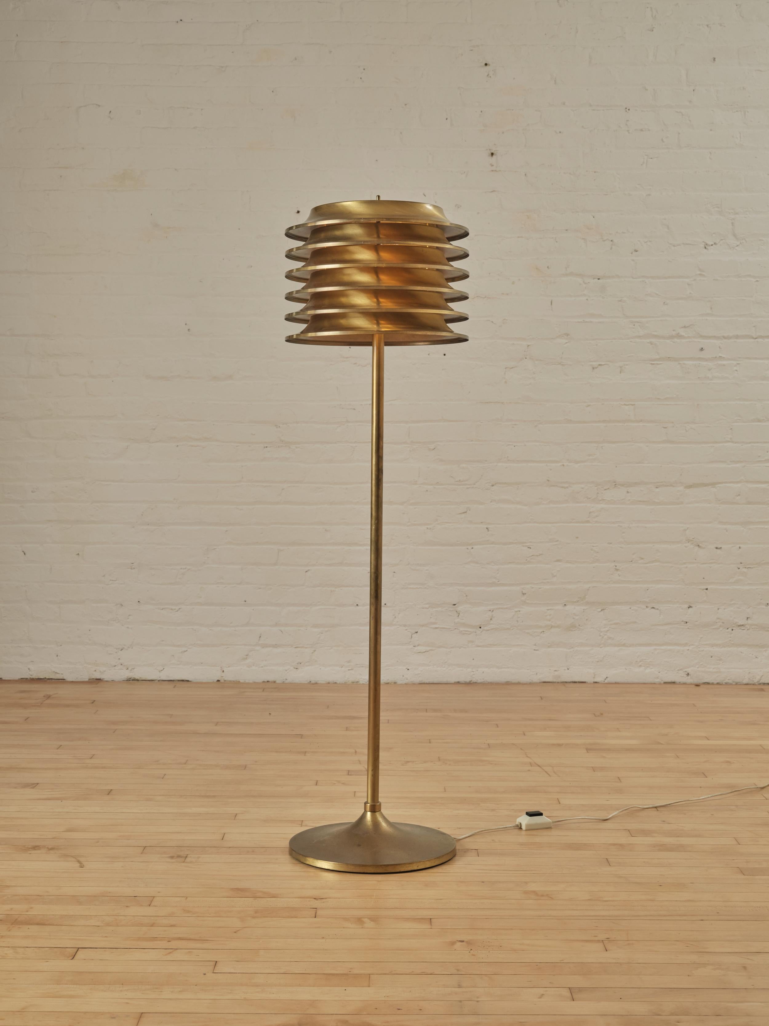 Rare Brass Floor Lamp by Kai Ruokonen for Orno Oy with a large disc shade.

Dimensions: 56.5