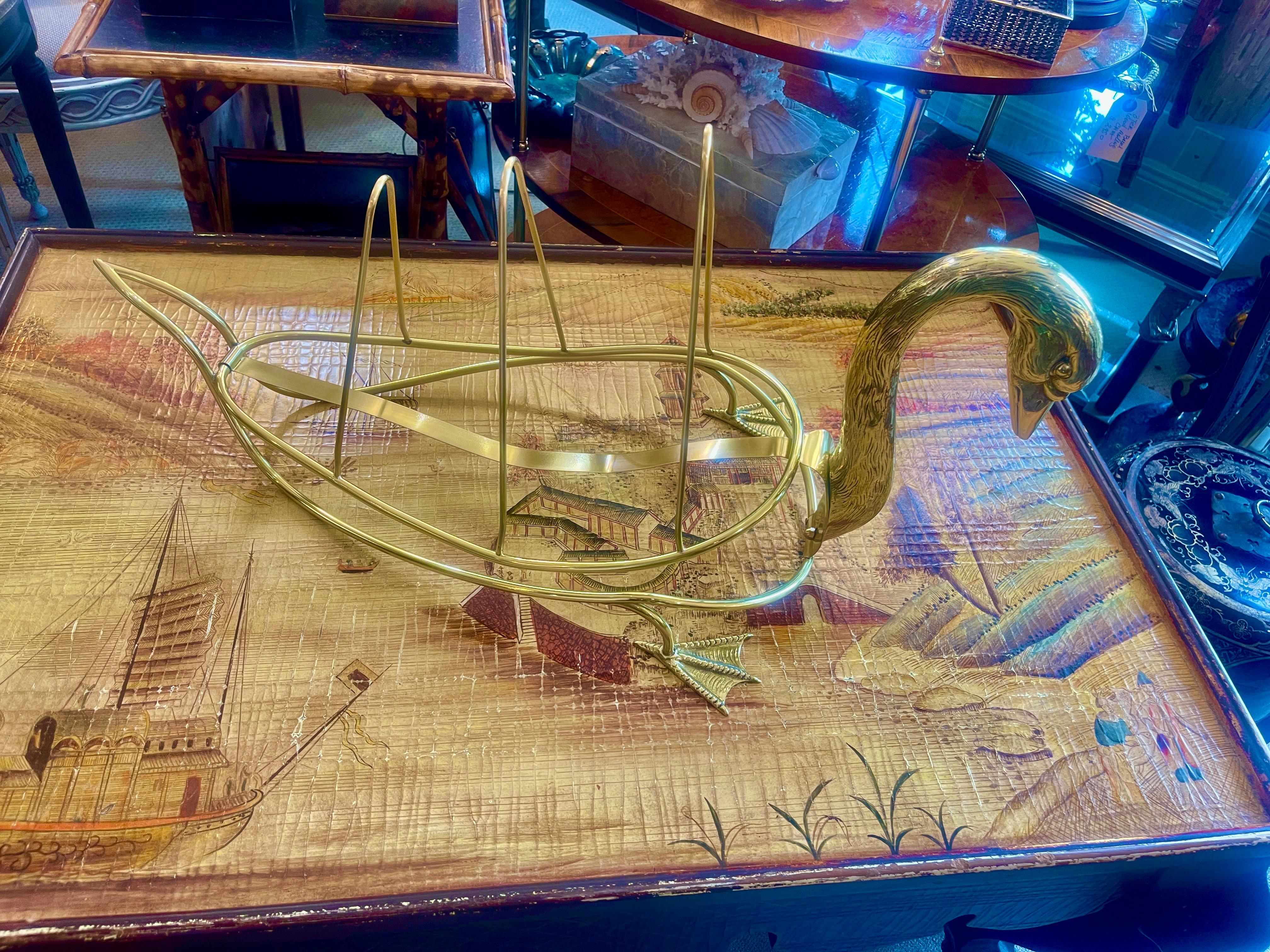 Rare Brass Low Swan Magazine Rack Attributed to Maison Jansen, Paris For Sale 11