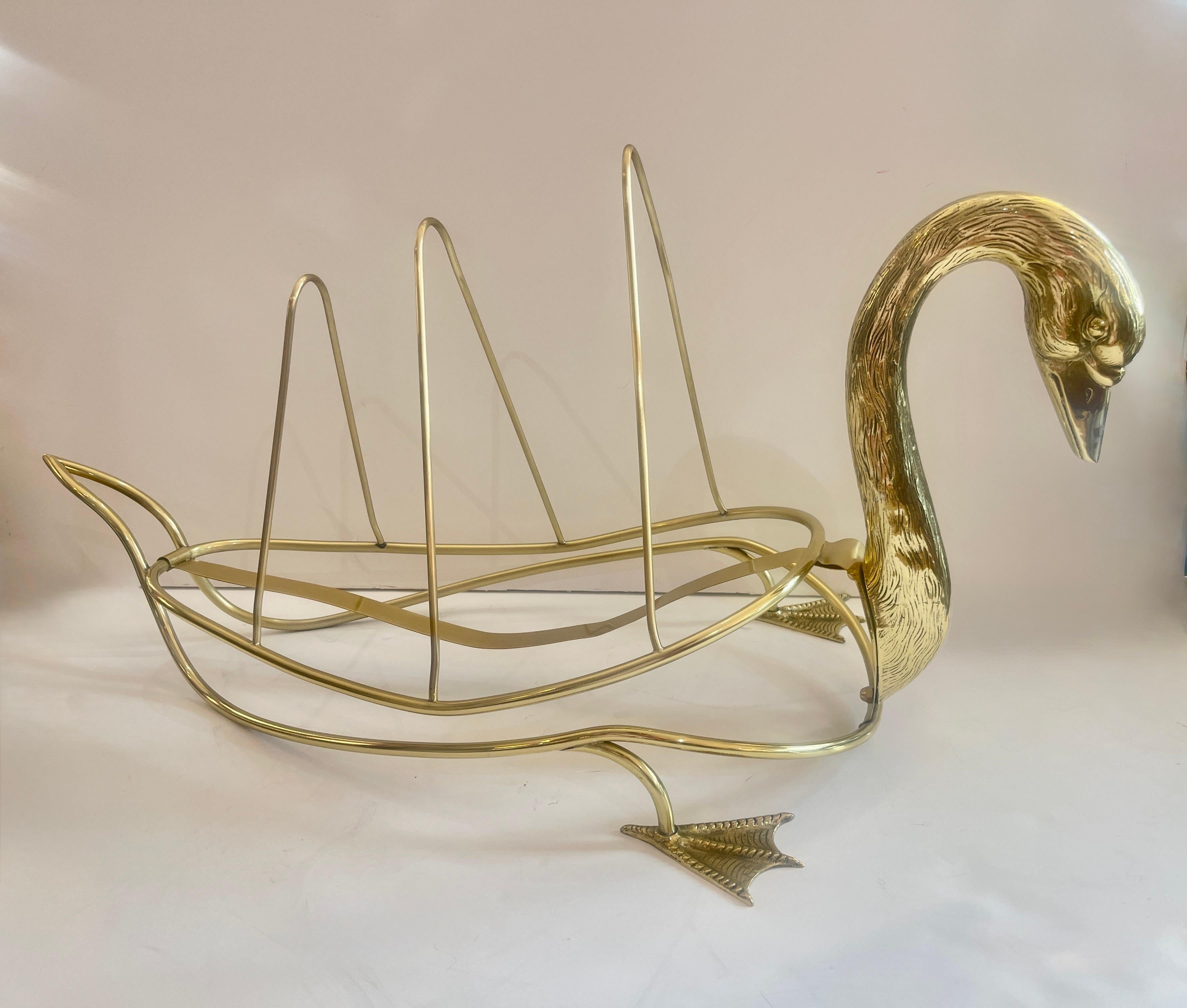 Hand-Crafted Rare Brass Low Swan Magazine Rack Attributed to Maison Jansen, Paris For Sale