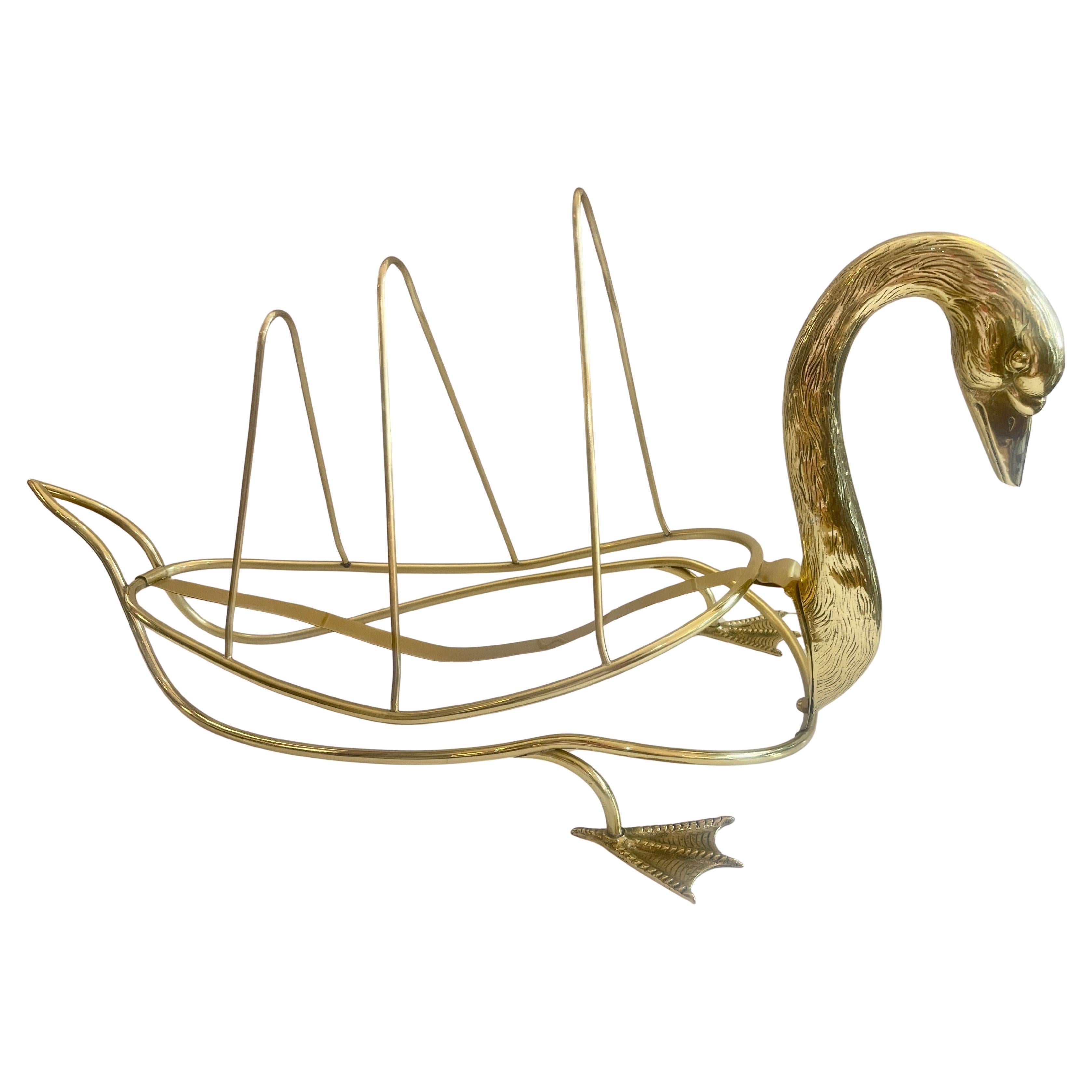 Rare Brass Low Swan Magazine Rack Attributed to Maison Jansen, Paris
