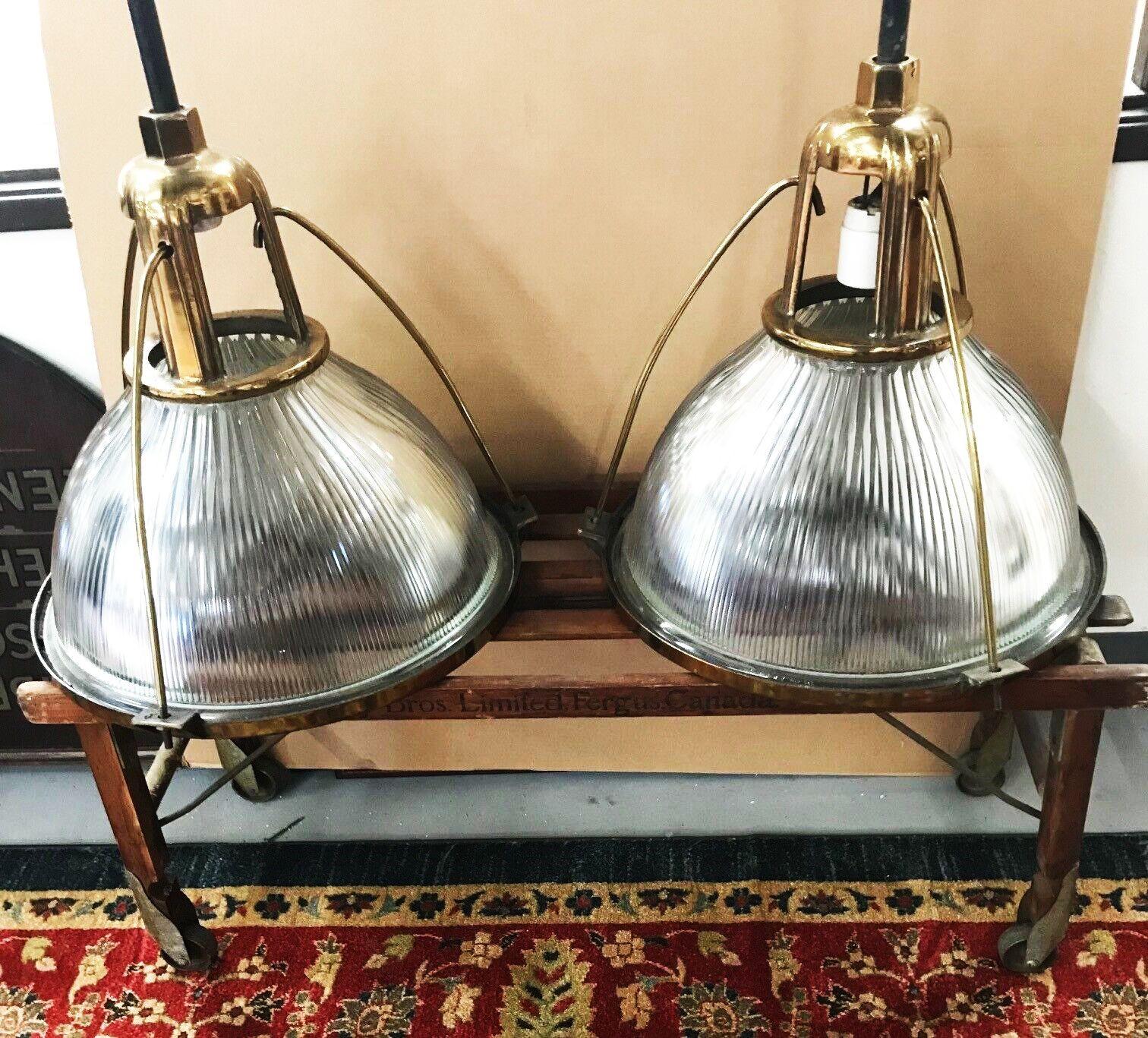 American Rare Brass Plated Holophane Industrial Hanging Pendant Light, Pair