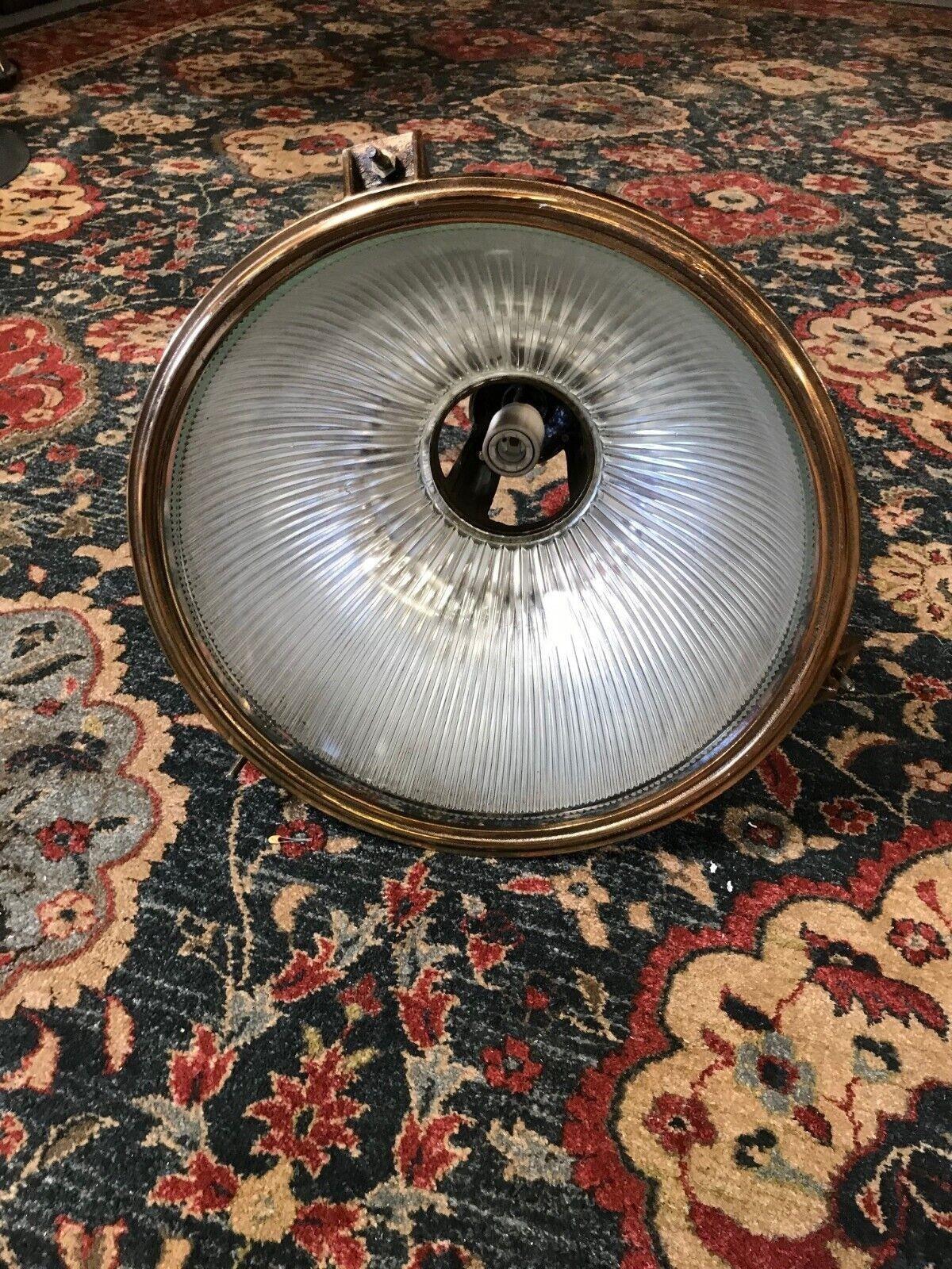 Rare Brass Plated Holophane Industrial Hanging Pendant Light, Pair In Excellent Condition In Van Nuys, CA