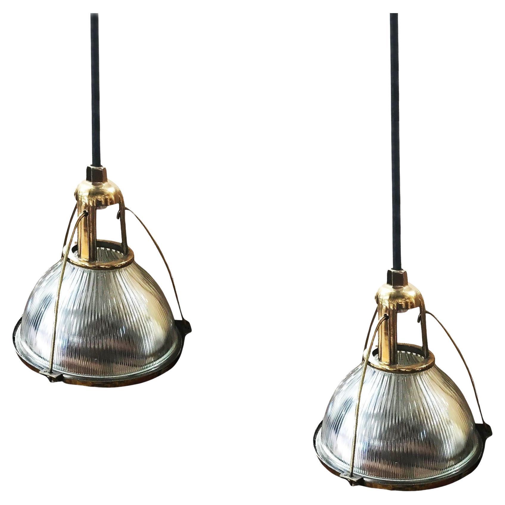 Rare Brass Plated Holophane Industrial Hanging Pendant Light, Pair