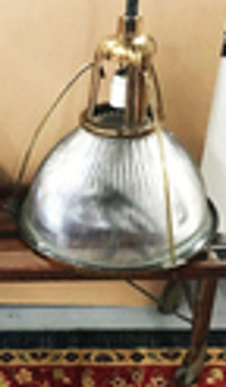 North American Rare Brass Plated Holophane Industrial Hanging Pendant Light For Sale