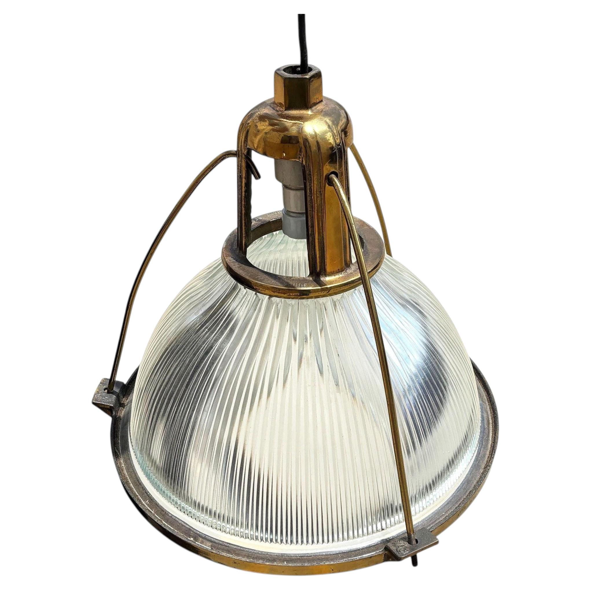 Rare Brass Plated Holophane Industrial Hanging Pendant Light