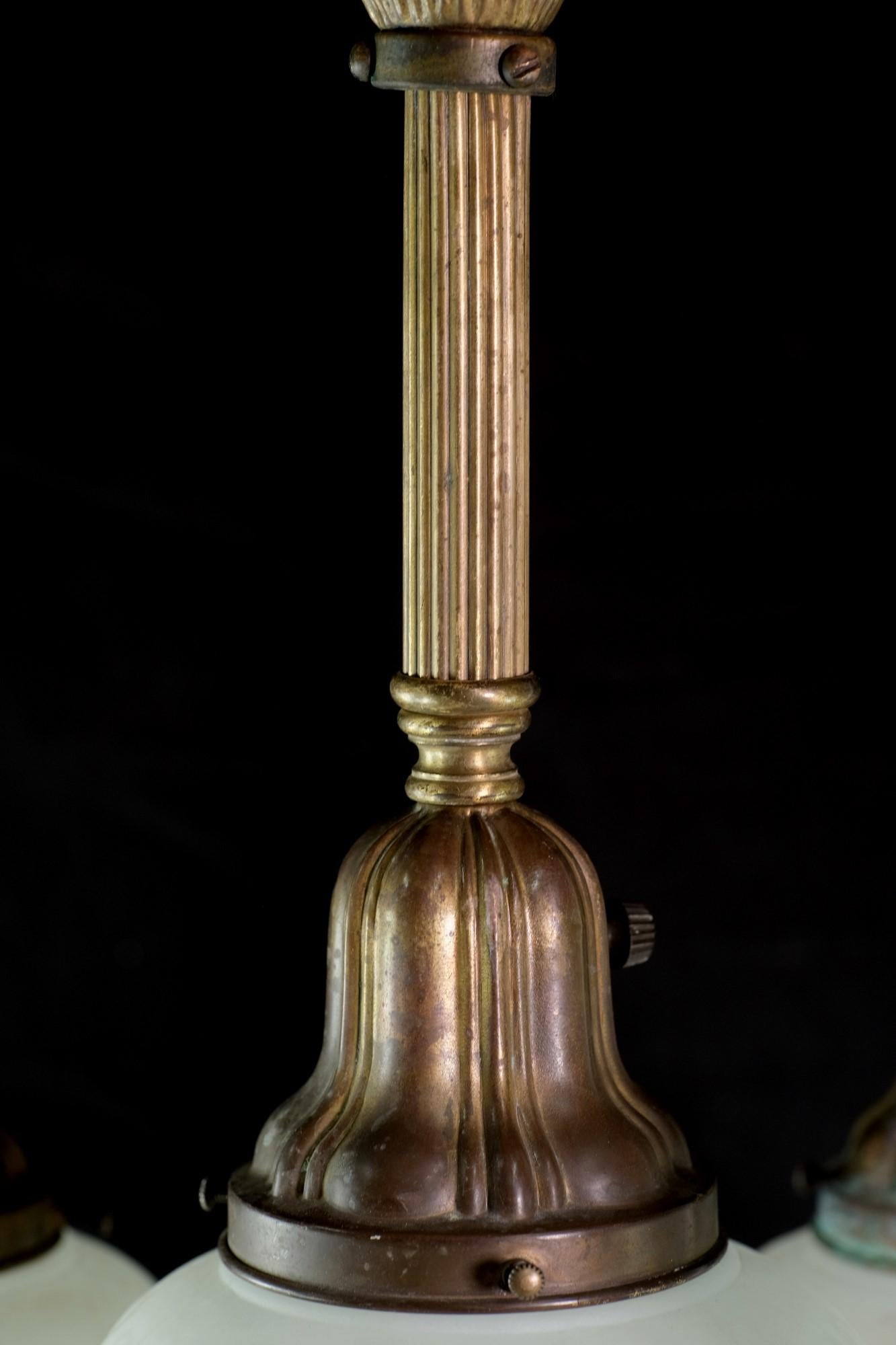 Frosted Rare Brass Sheffield Down Light Chandelier w/ 5 Shades