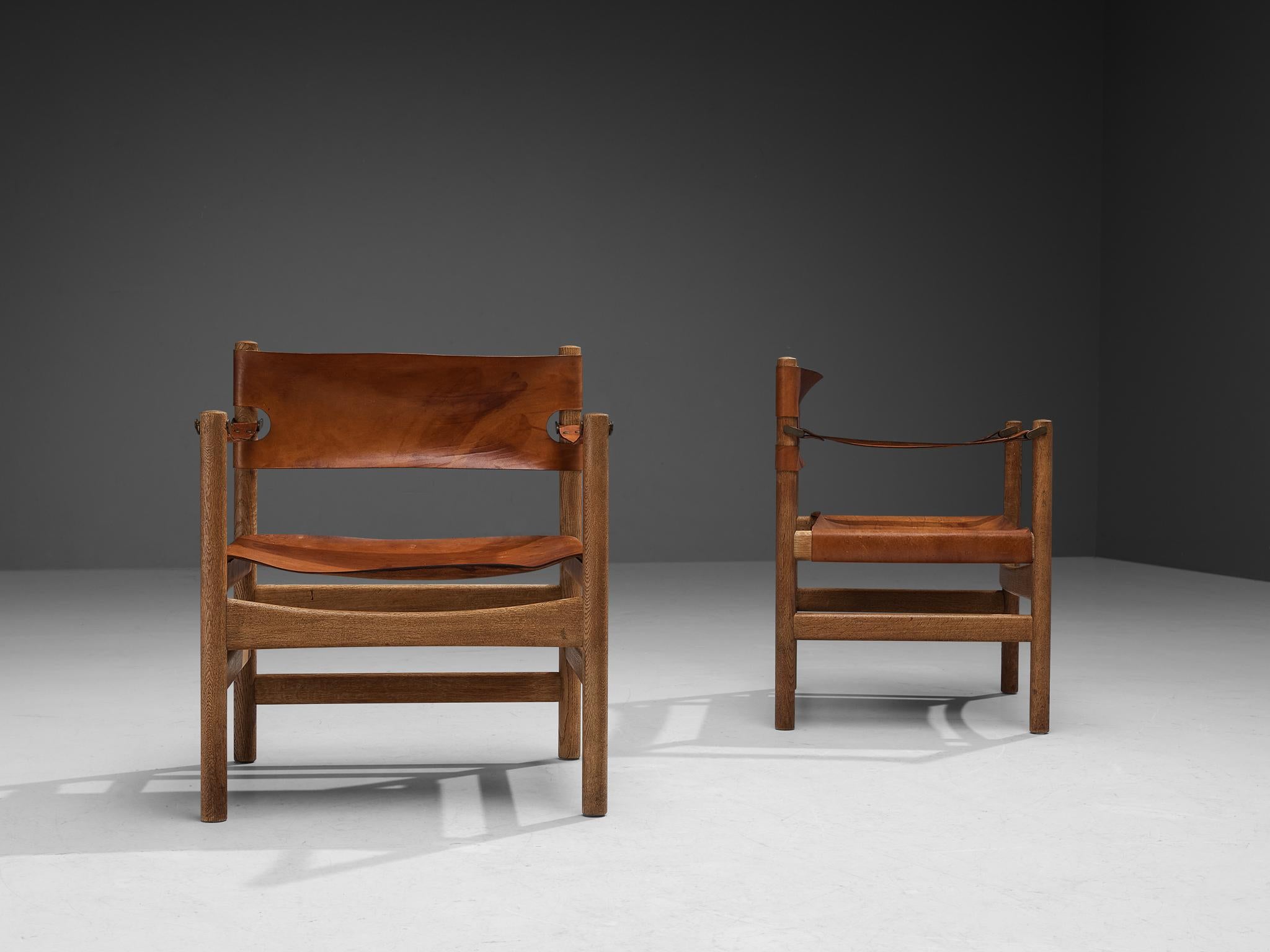 Brass Rare Børge Mogensen for Fredericia Pair of ‘Safari’ Armchairs Cognac Leather Oak For Sale