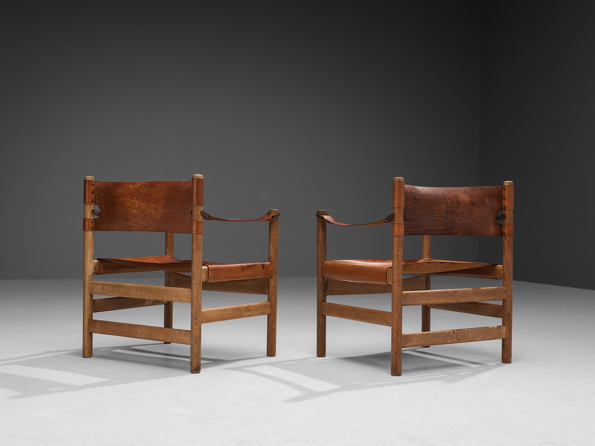 Danish Rare Børge Mogensen for Fredericia Pair of ‘Safari’ Armchairs in Saddle Leather