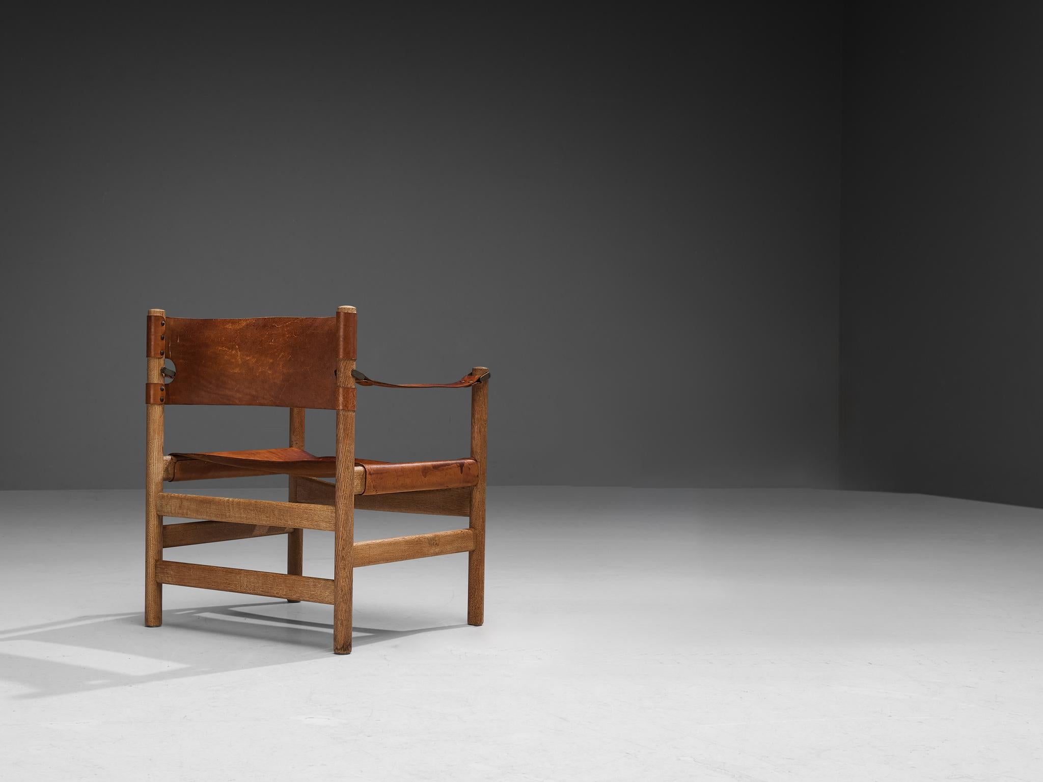 Danish Rare Børge Mogensen for Fredericia ‘Safari’ Armchair Cognac Leather Oak For Sale