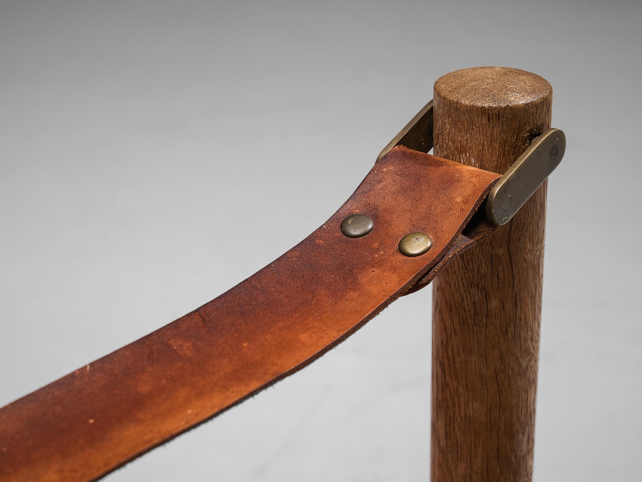 Brass Rare Børge Mogensen for Fredericia ‘Safari’ Armchair Cognac Leather Oak For Sale