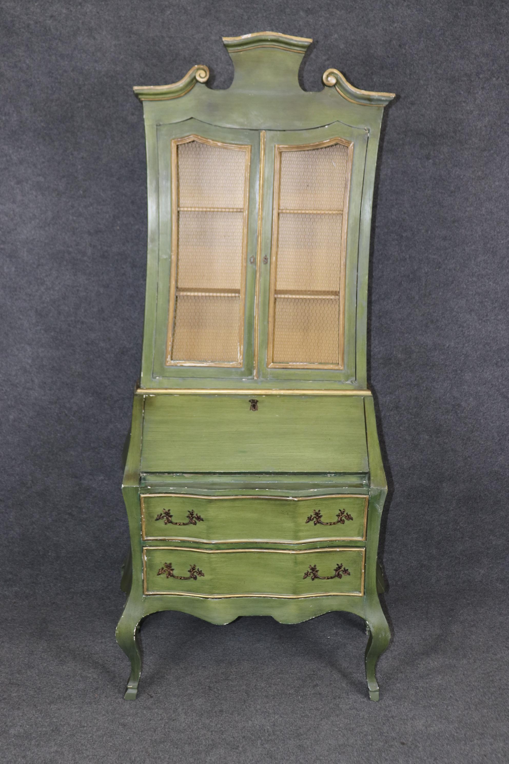 This is a superb green and yellow splash of elegance and color disguised as a secretary desk. The desk is in two pieces and dates to the 1940s era and is in good vintage condition with minor signs of age and wear. Measures 84.5 tall x 35.5 wide x 19