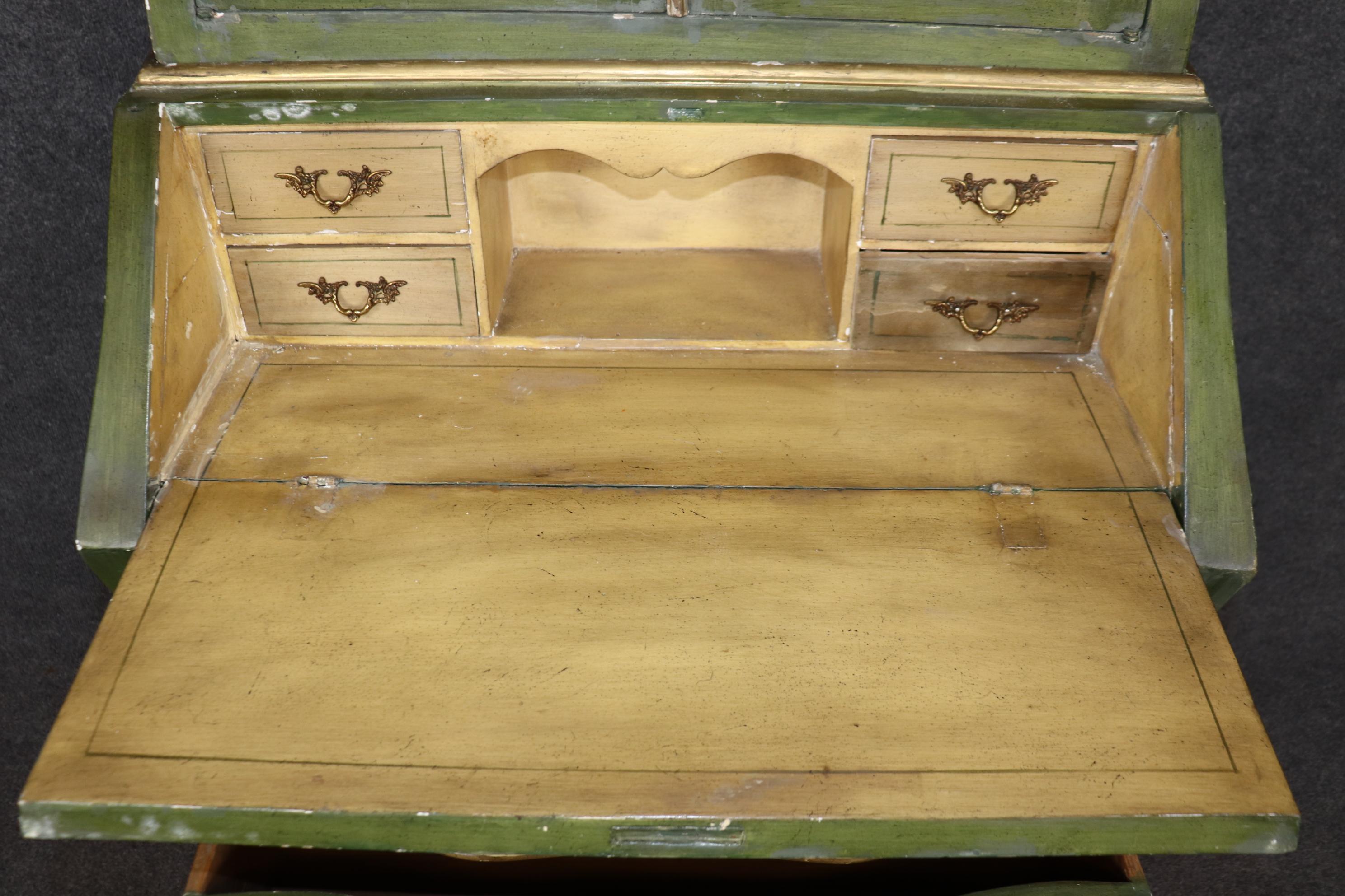 Mid-20th Century Rare Bright Green Italian Venetian Painted Rococo Secretary Desk Circa 1940