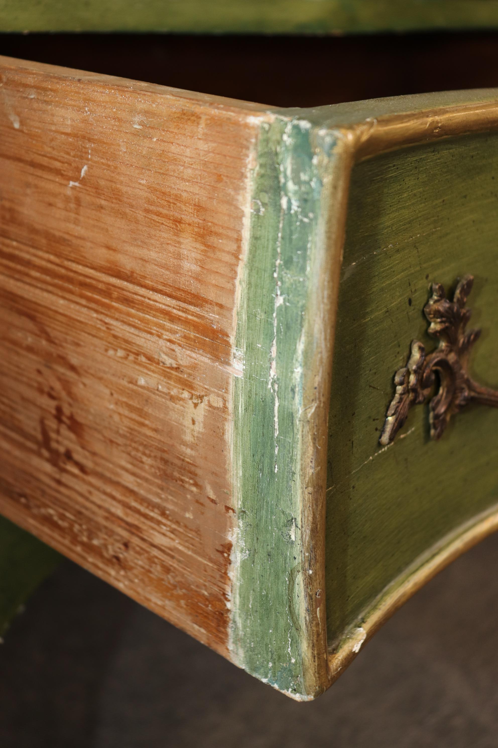 Walnut Rare Bright Green Italian Venetian Painted Rococo Secretary Desk Circa 1940