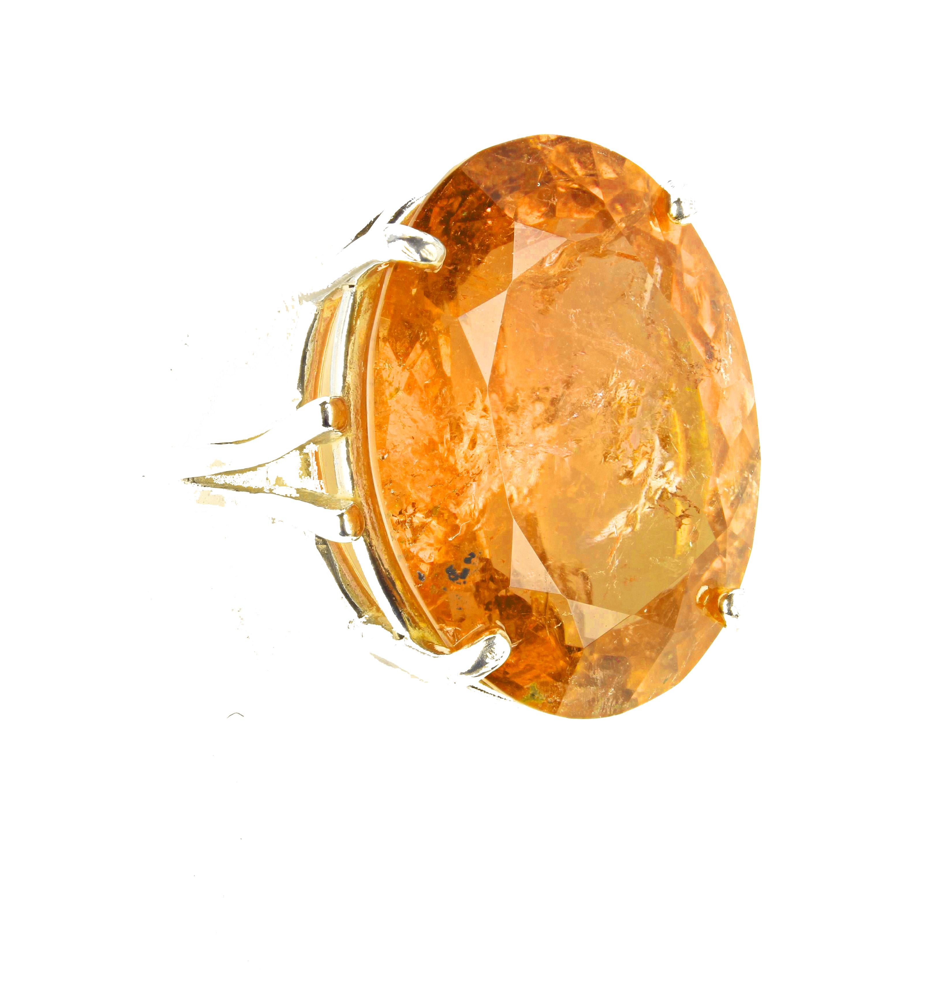 Women's or Men's Gemjunky Exotic Oval 16.25 Ct. Brilliant Orangy Golden Tourmaline Silver Ring