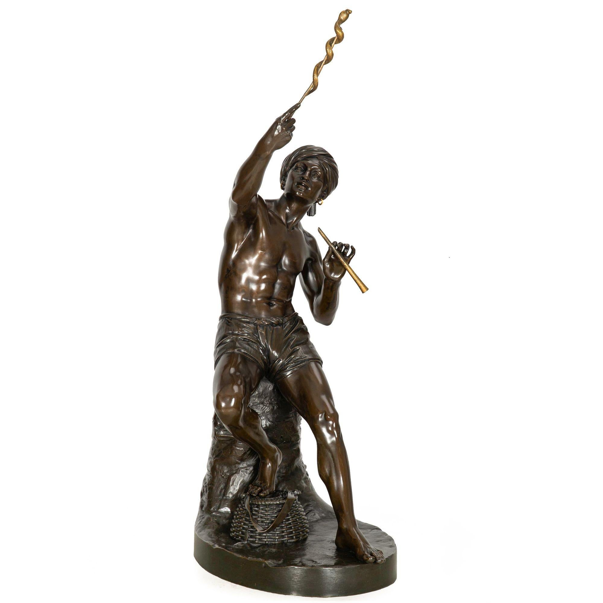 Romantic Rare British Bronze Sculpture “Snake Charmer” (1876) by Sir Thomas Brock For Sale