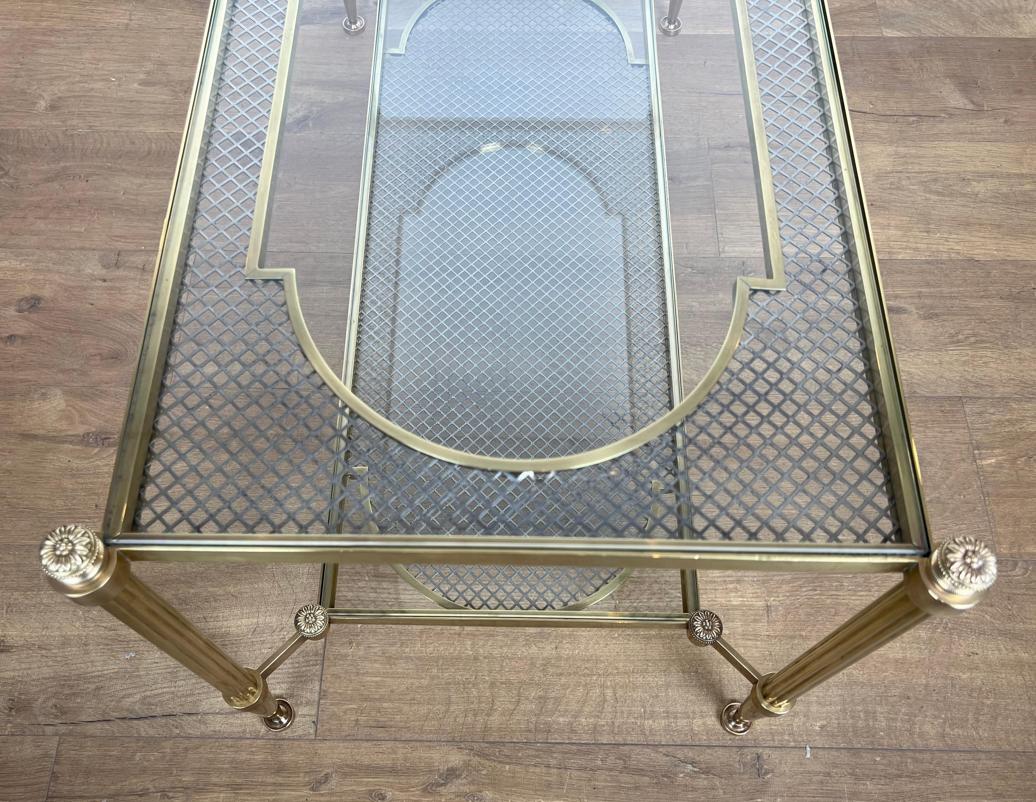 Rare Bronze and Brass Coffee Table with Two Tiers Glass Top resting on a Steel For Sale 7