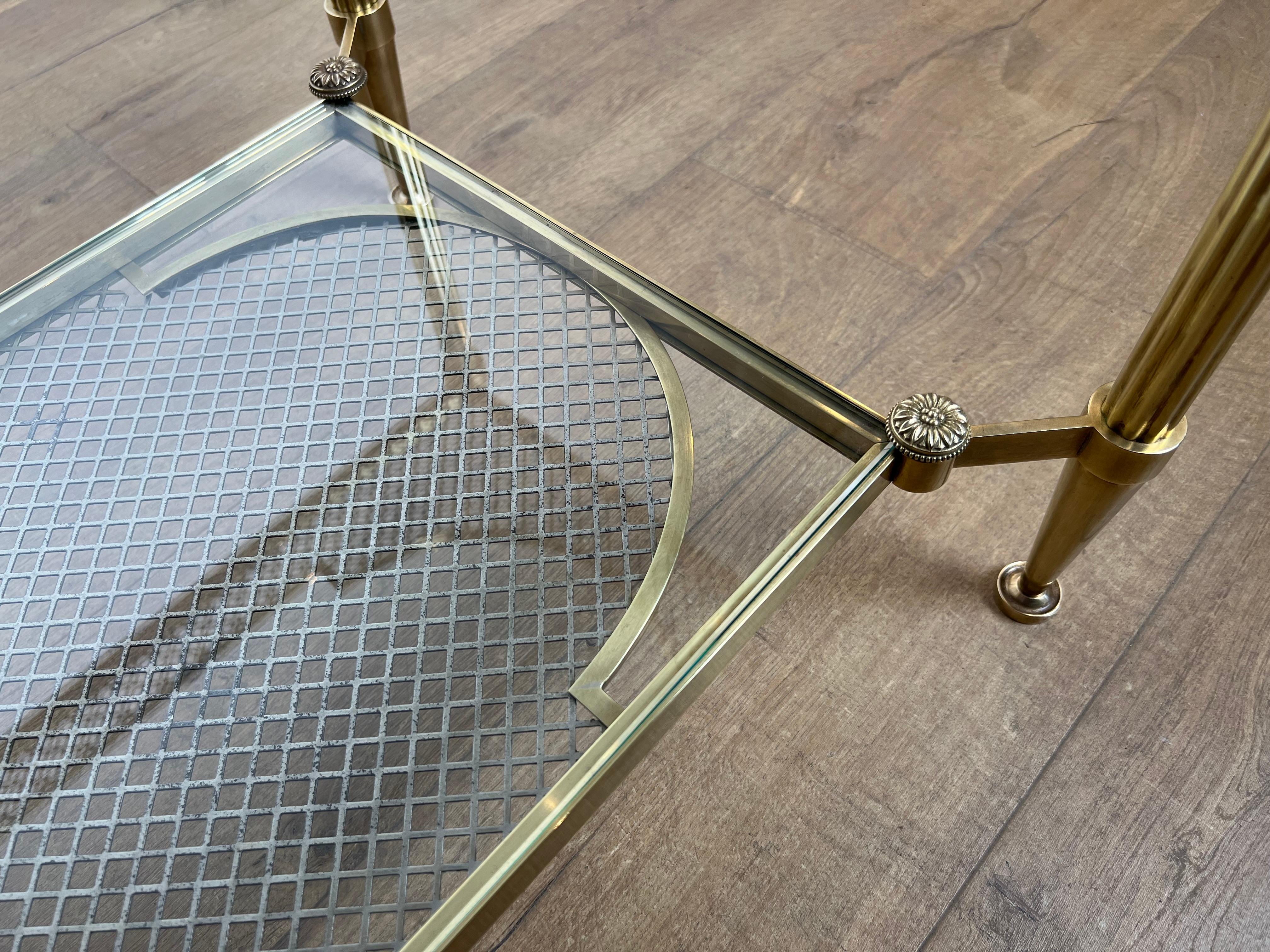 Rare Bronze and Brass Coffee Table with Two Tiers Glass Top resting on a Steel For Sale 9